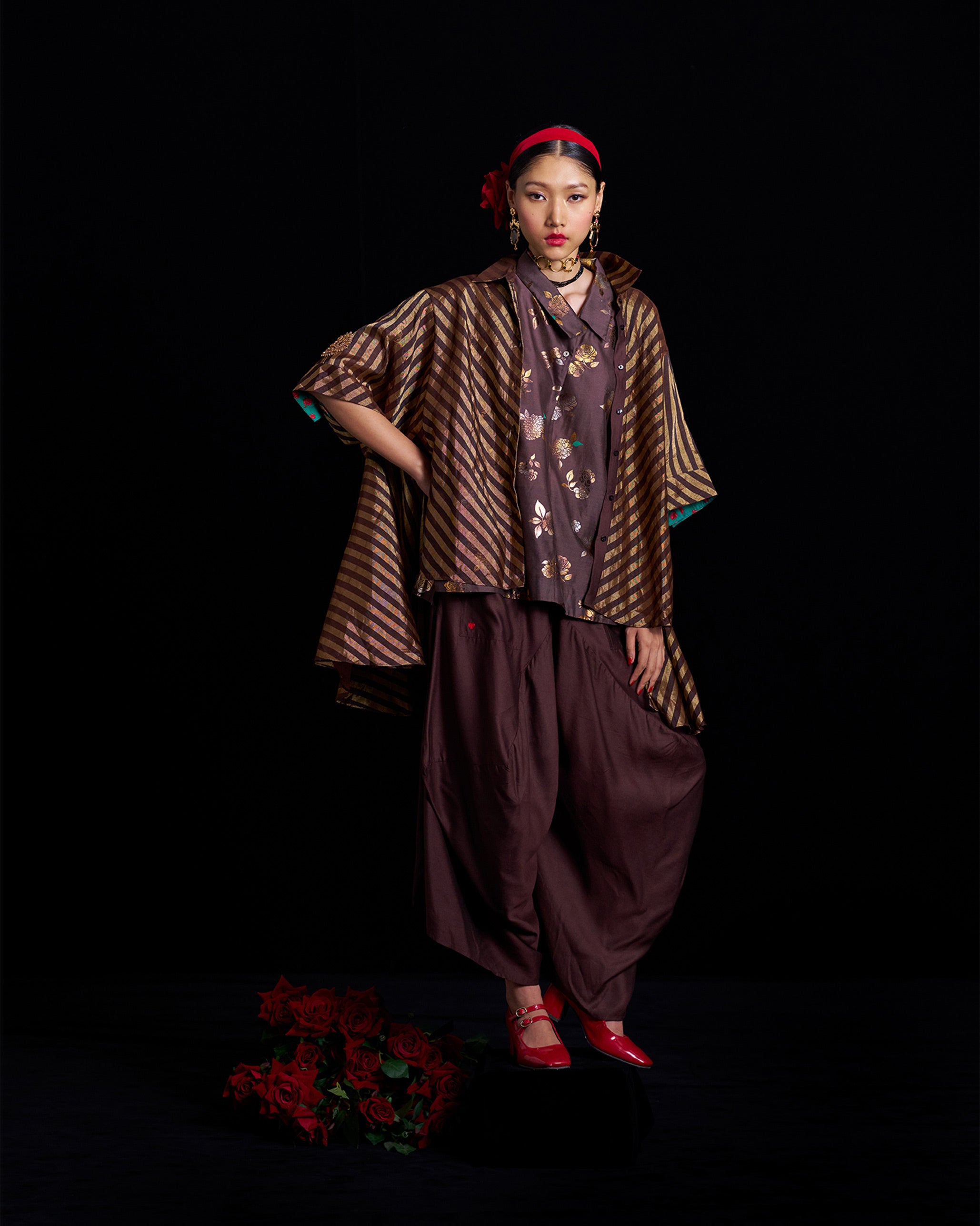 Camber Top - Chocolate Brown & Gold Printed