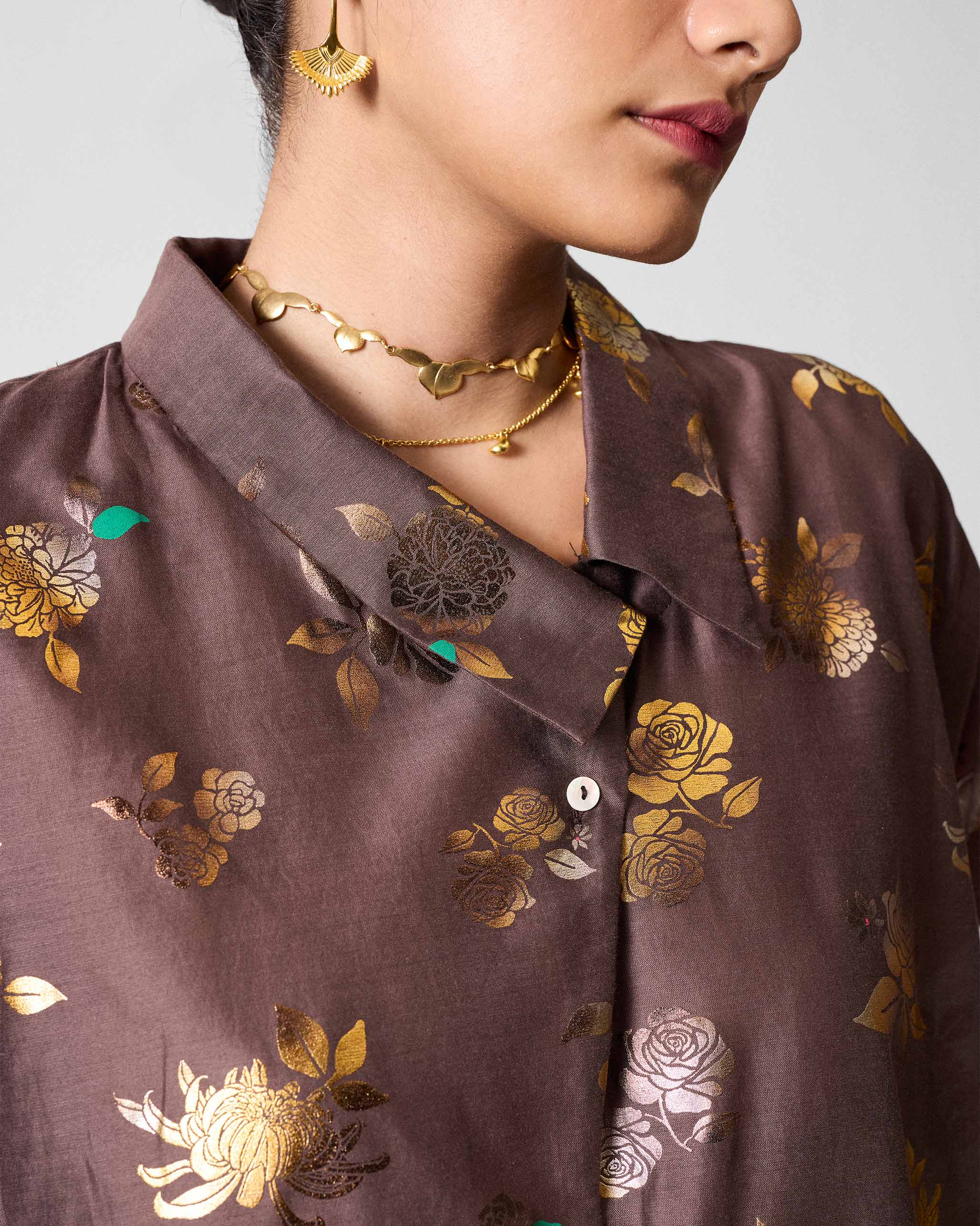 Camber Top - Chocolate Brown & Gold Printed