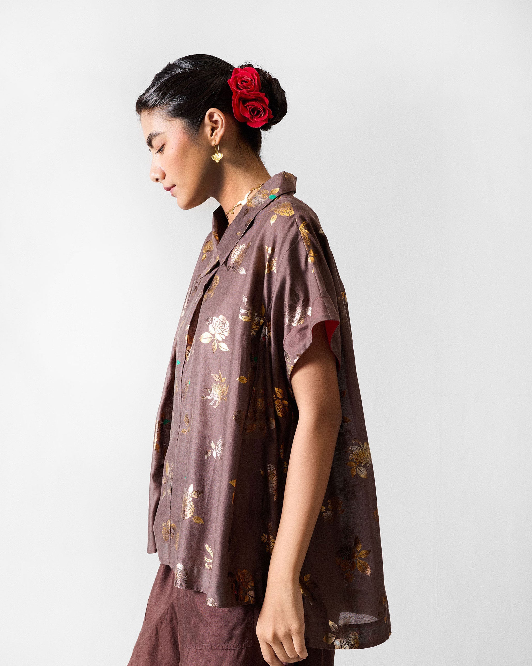Camber Top - Chocolate Brown & Gold Printed