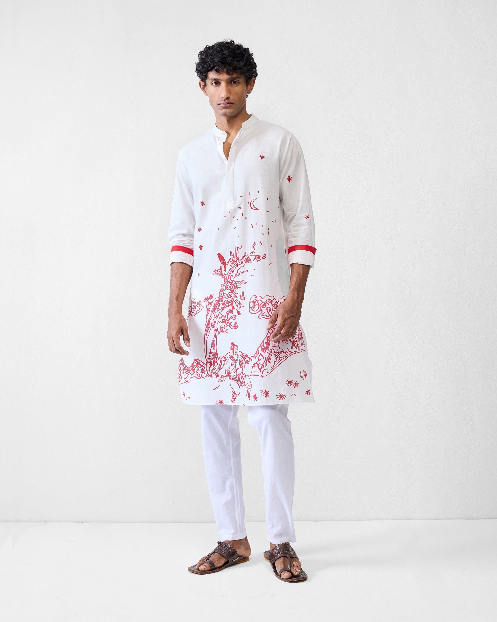 Neckband Kurta - White & Red Printed