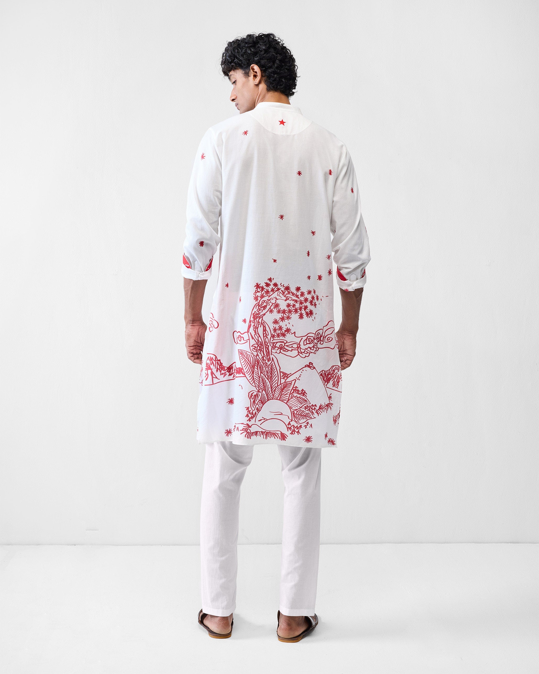 Neckband Kurta - White & Red Printed