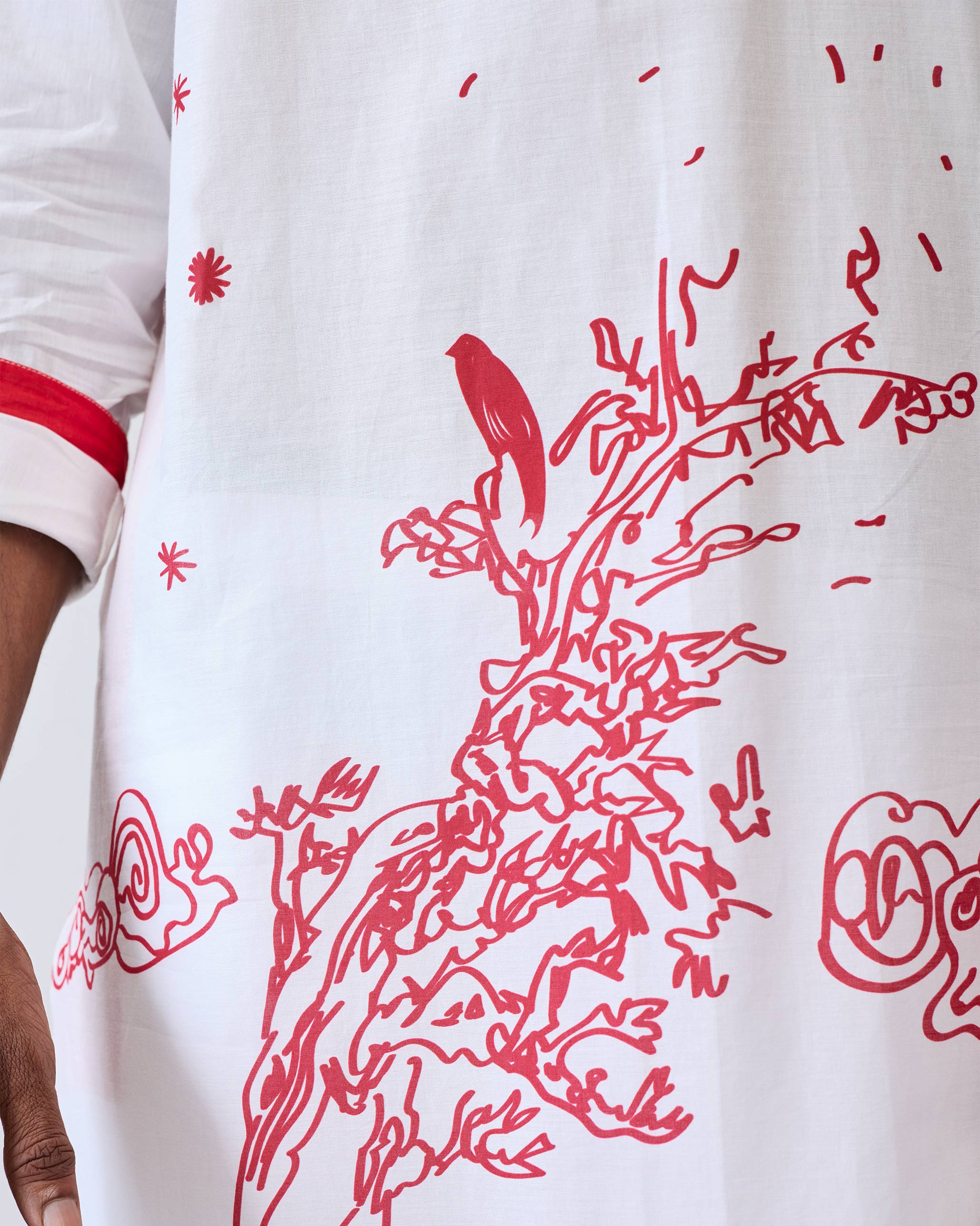 Neckband Kurta - White & Red Printed