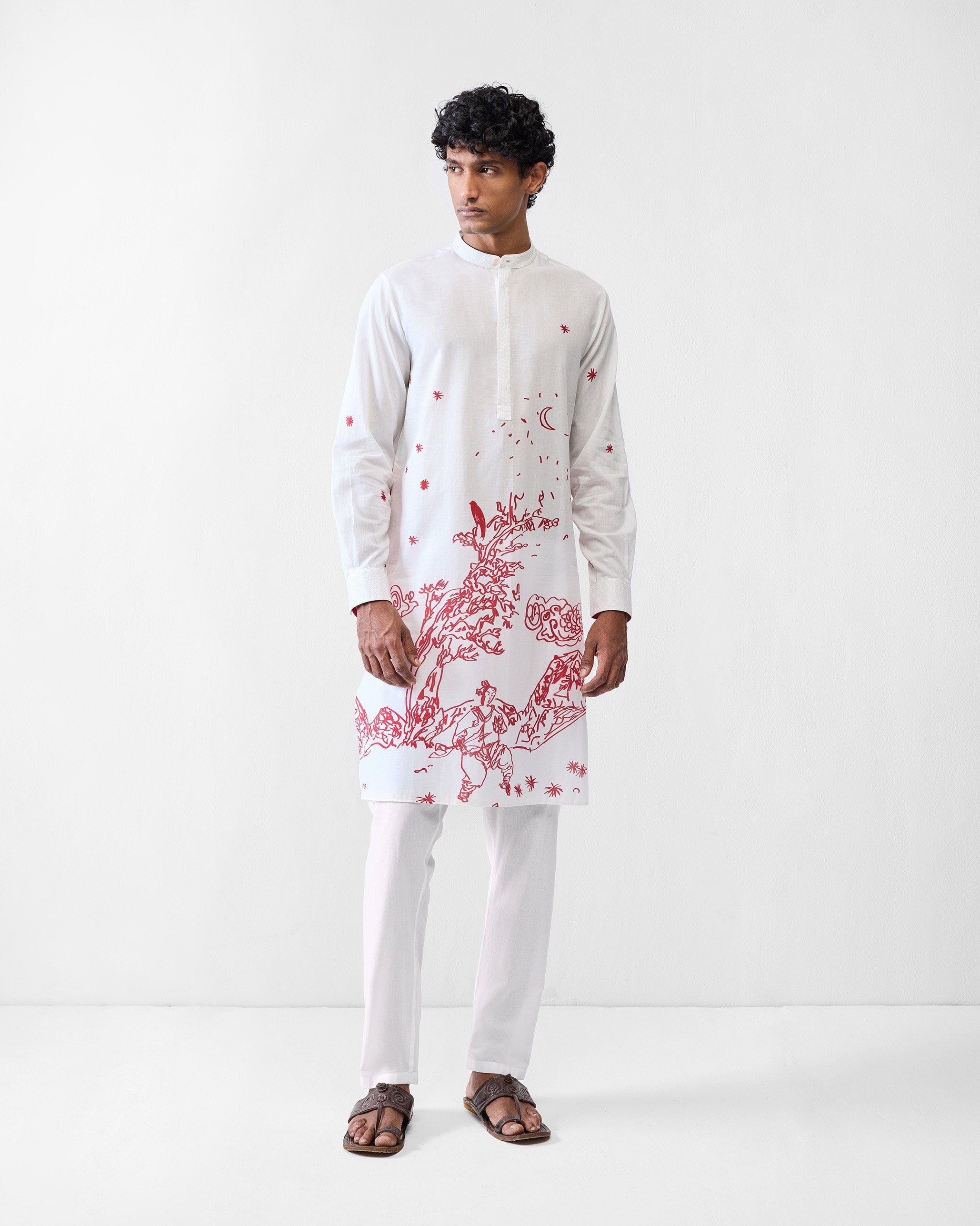 Neckband Kurta - White & Red Printed