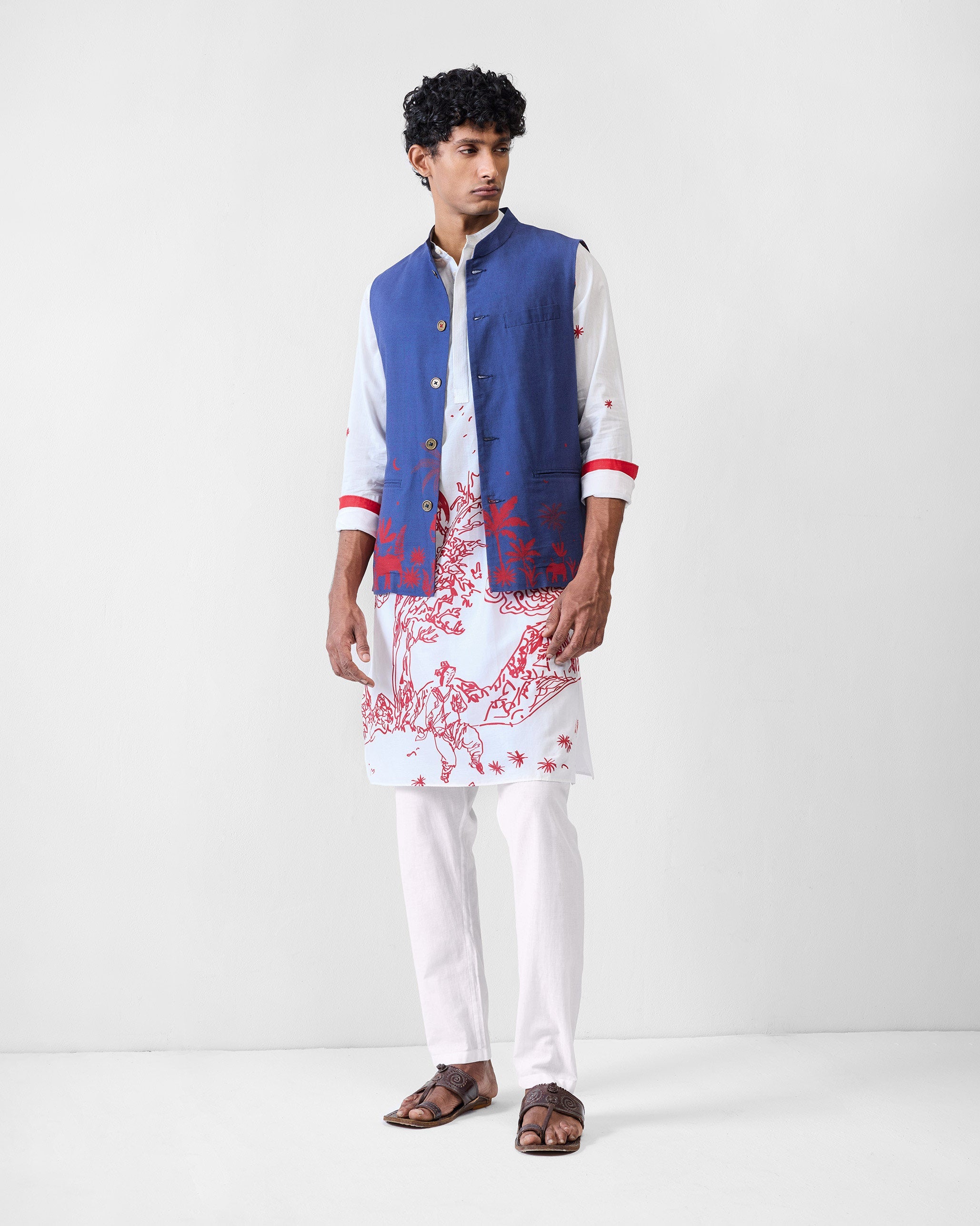 Neckband Kurta - White & Red Printed