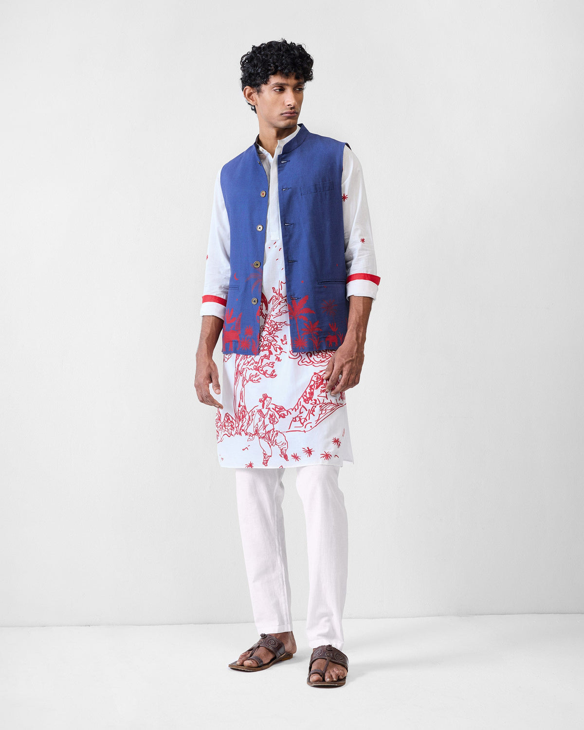 Neckband Kurta - White & Red Printed
