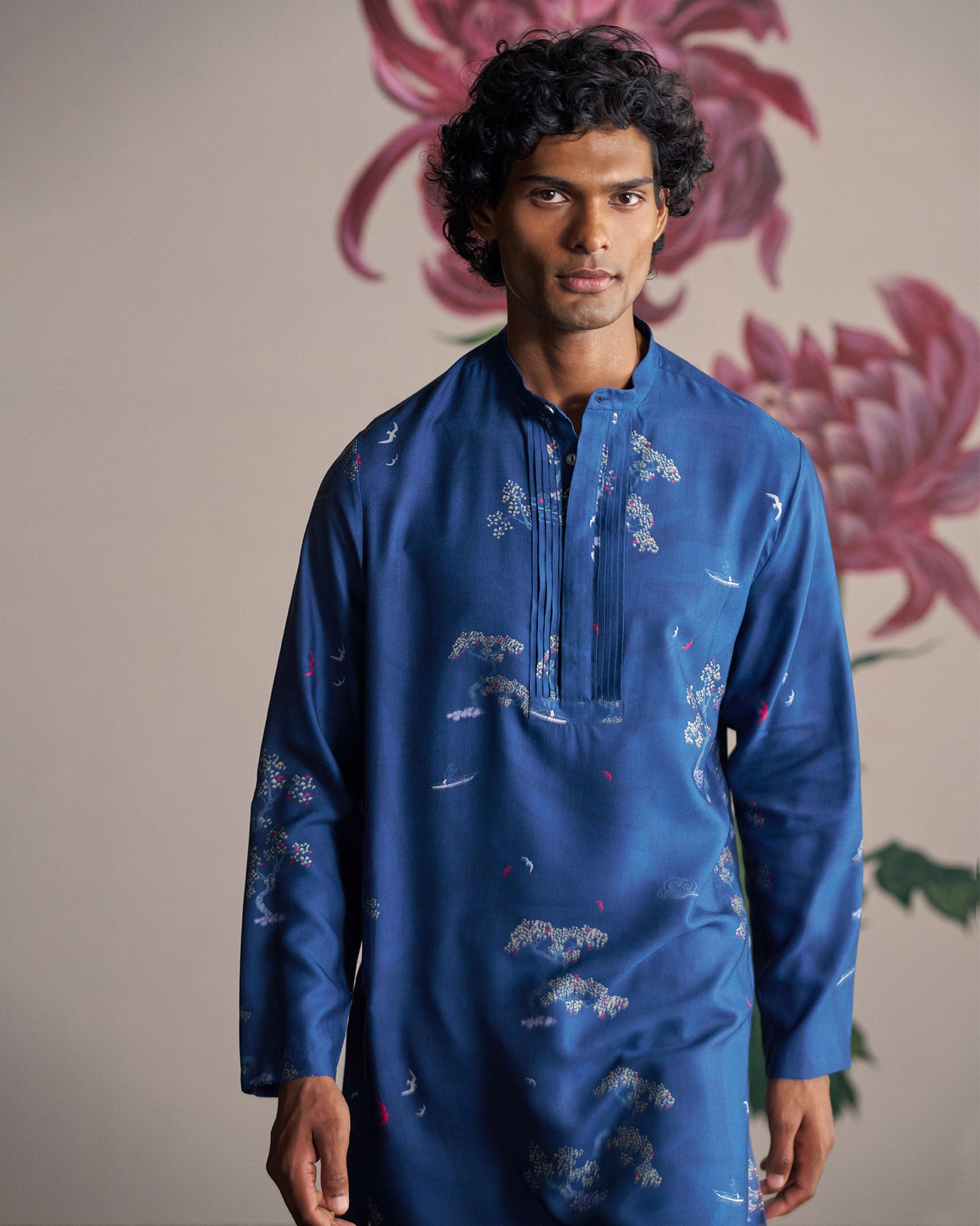Front Pleat Kurta - Navy & Grey Printed