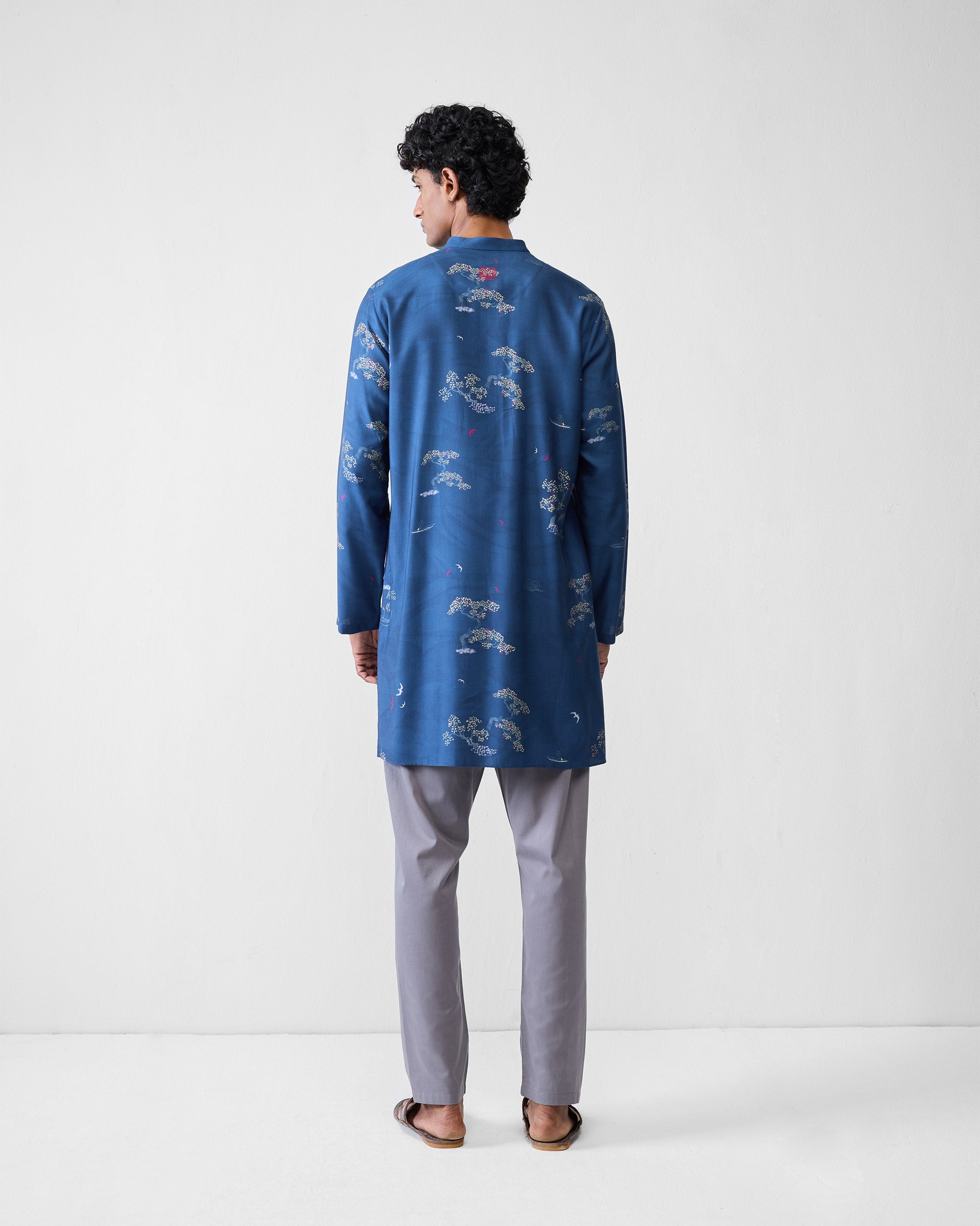 Front Pleat Kurta - Navy & Grey Printed
