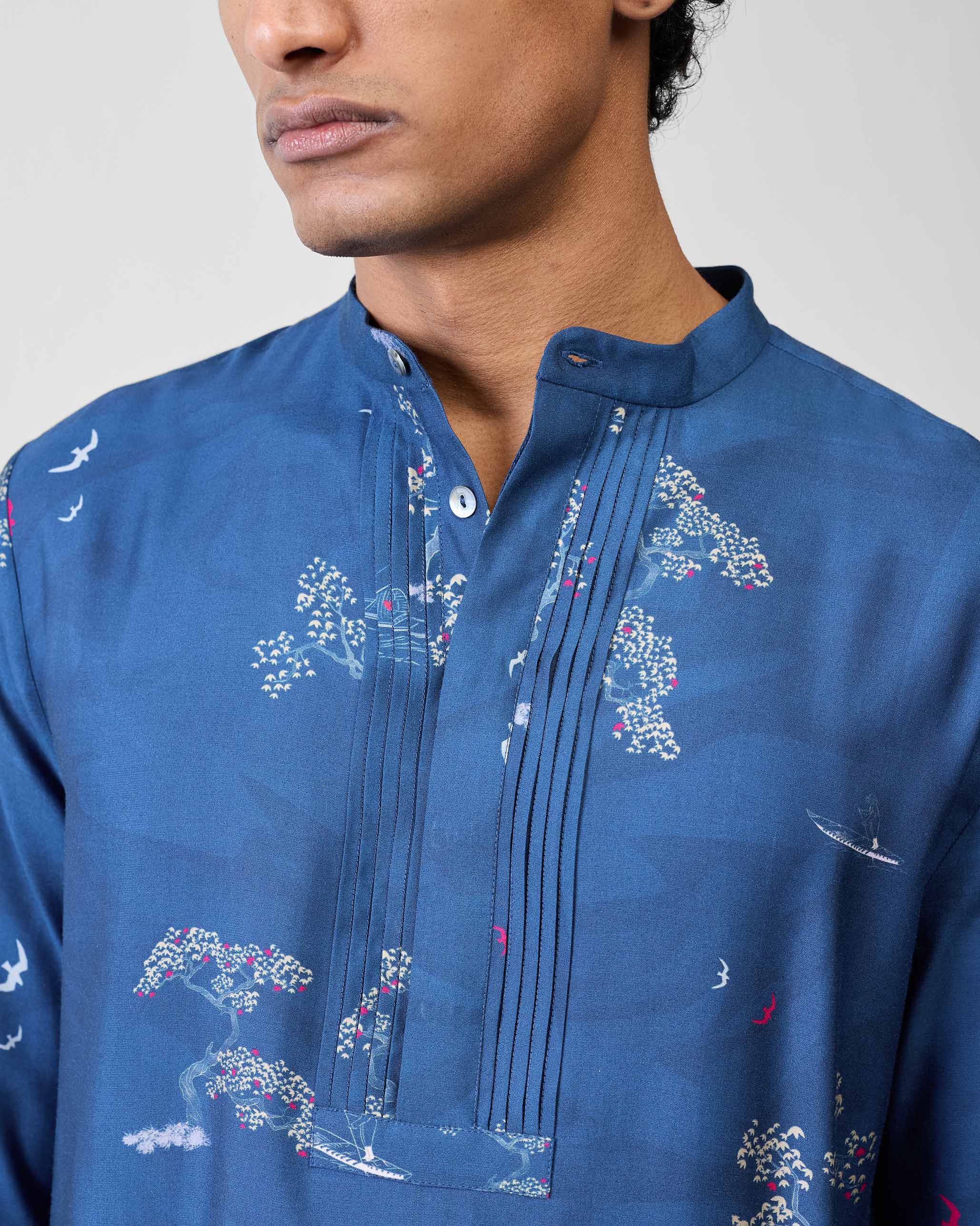 Front Pleat Kurta - Navy & Grey Printed