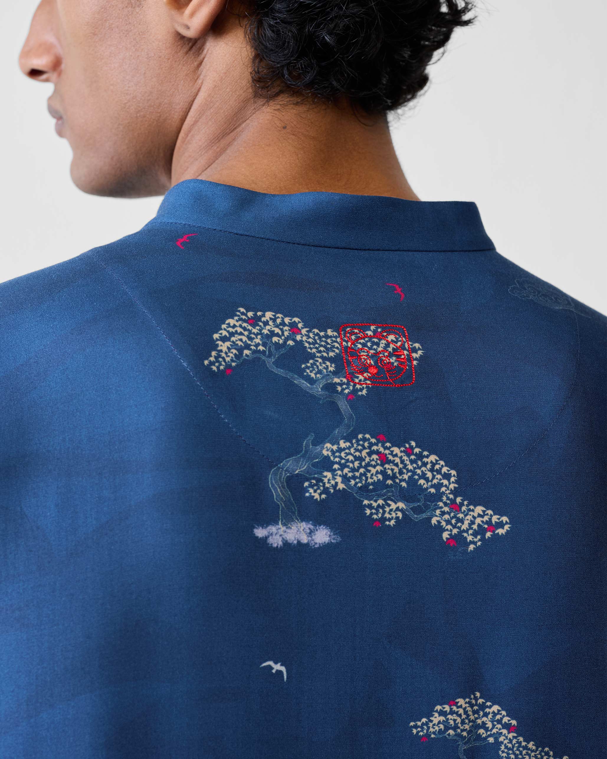 Front Pleat Kurta - Navy & Grey Printed