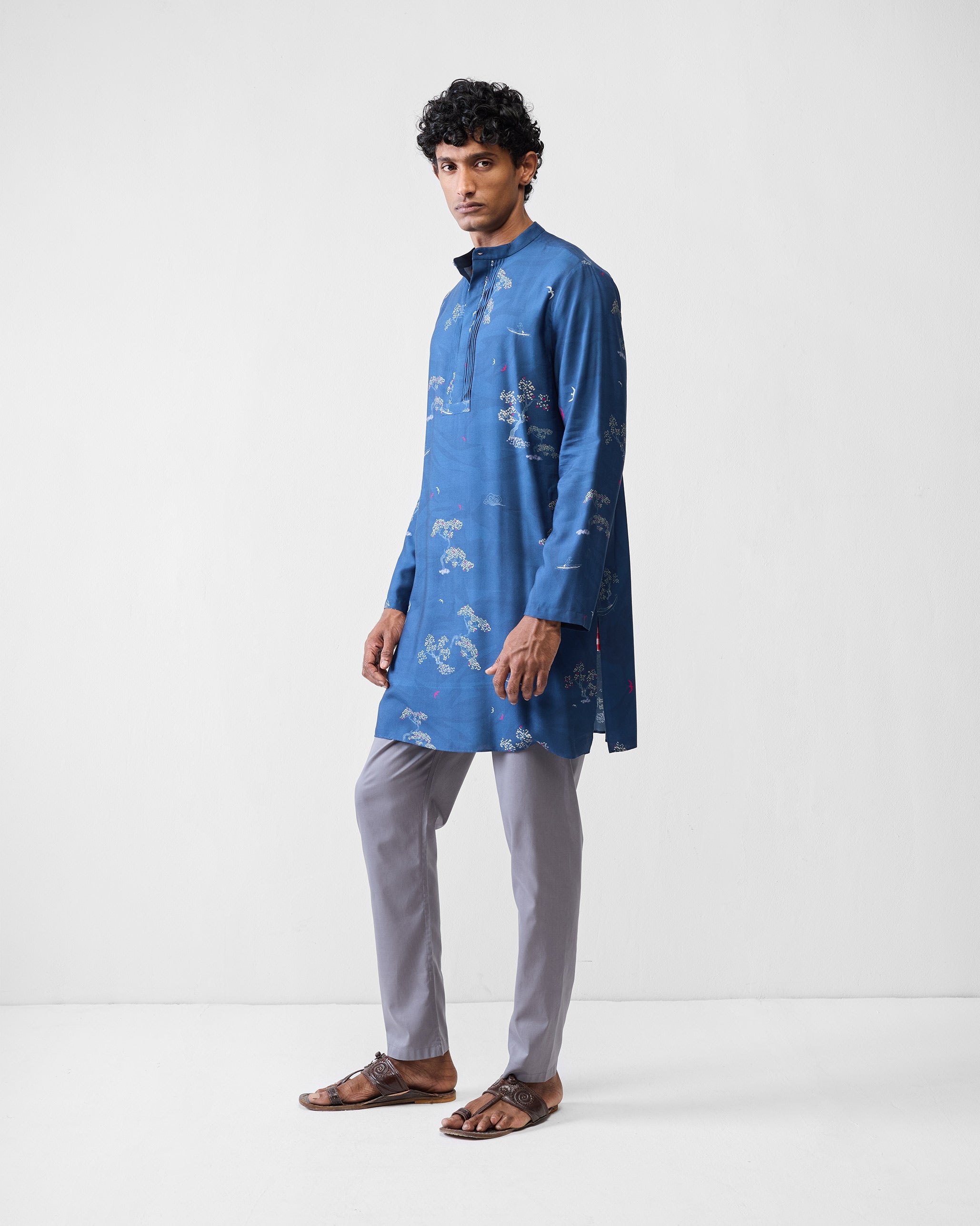 Front Pleat Kurta - Navy & Grey Printed