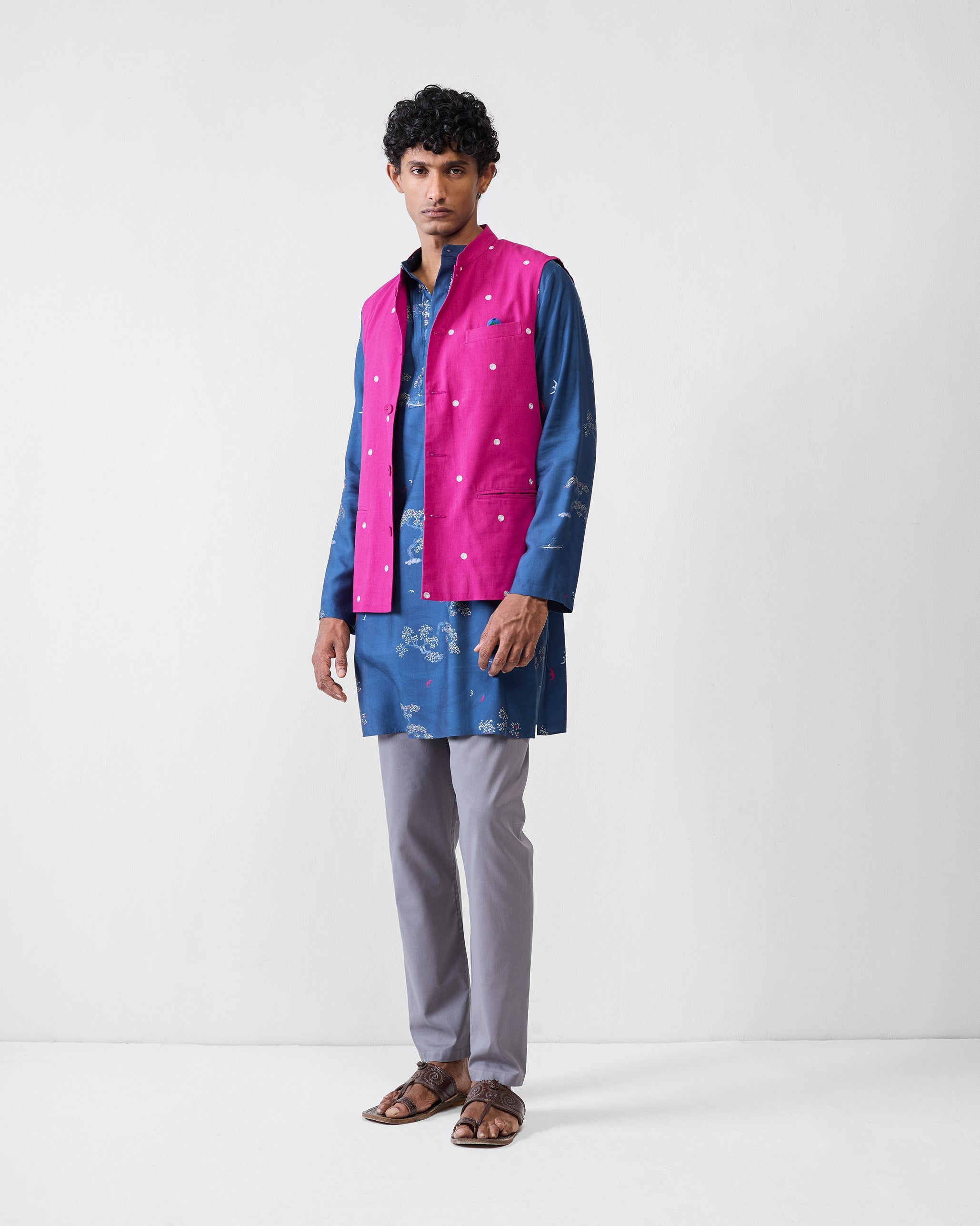 Front Pleat Kurta - Navy & Grey Printed