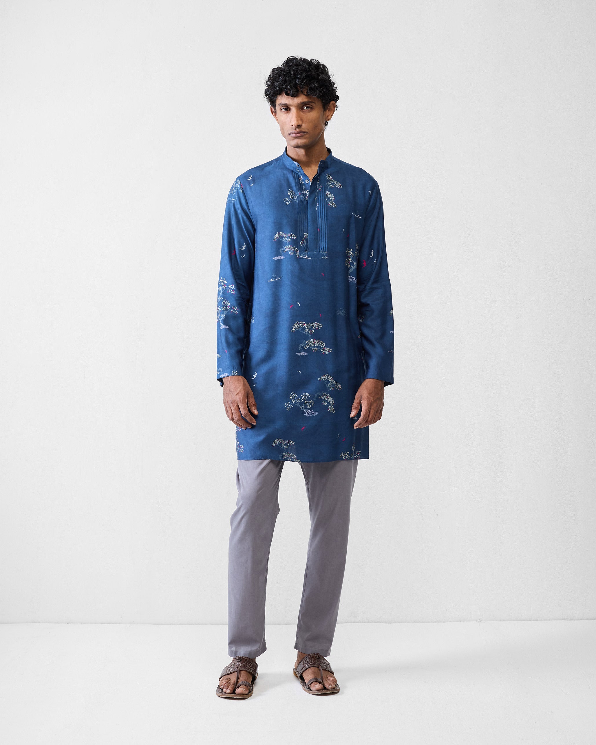 Front Pleat Kurta - Navy & Grey Printed