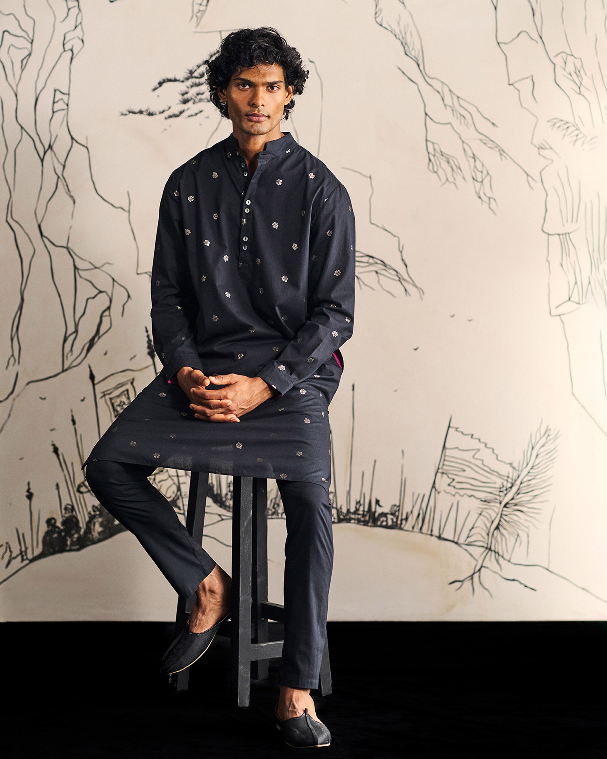 Rey Kurta - Black Printed