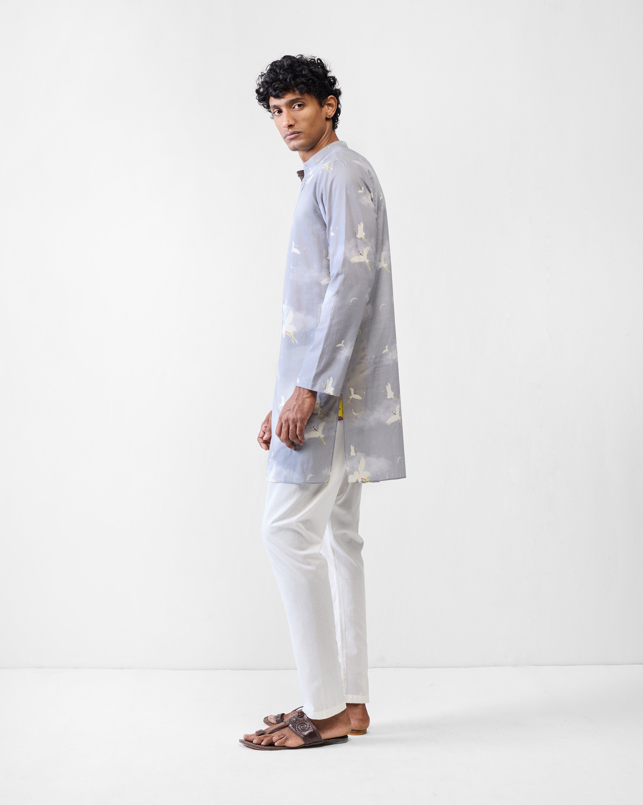 Front Pleat Kurta - Light Grey Printed