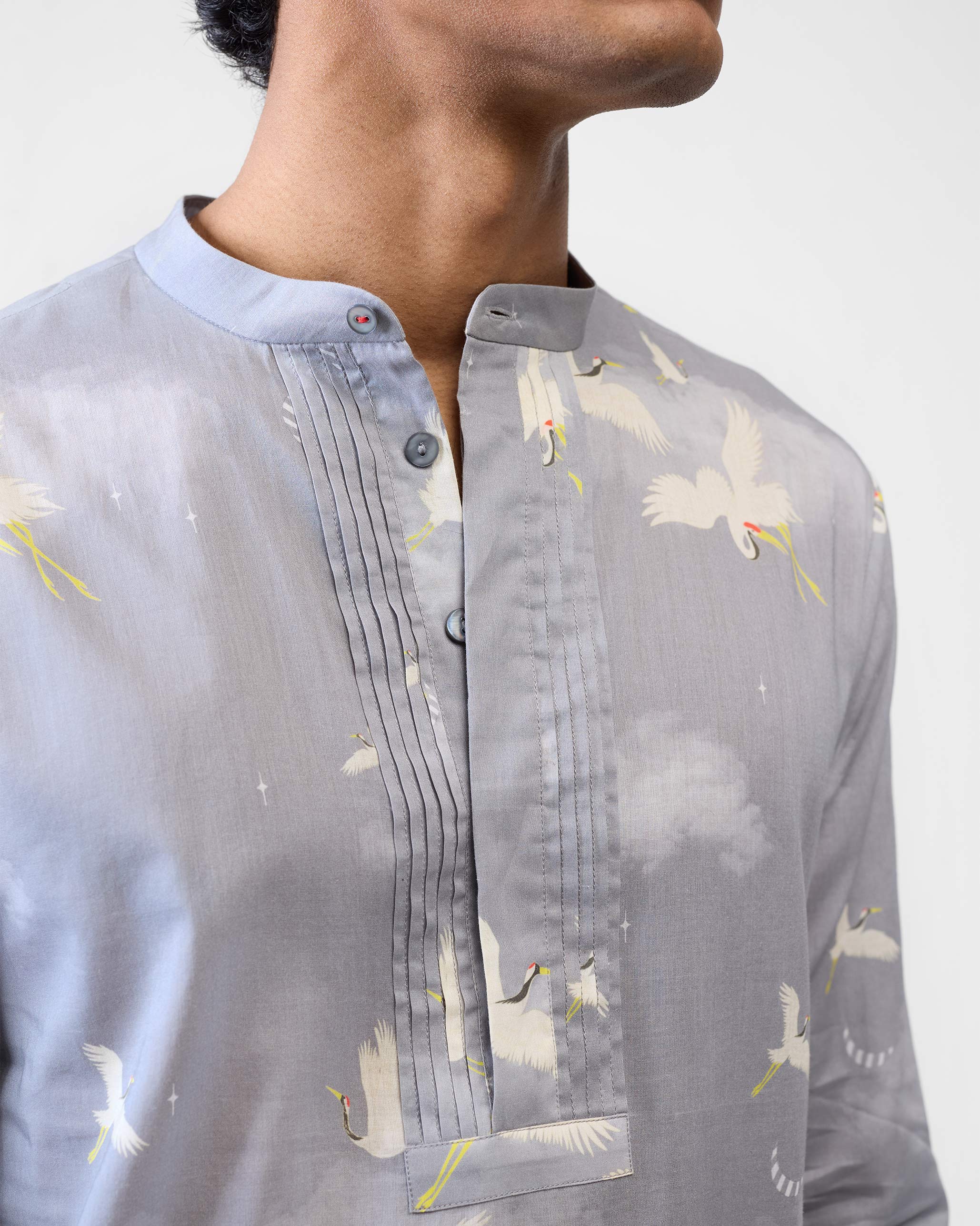 Front Pleat Kurta - Light Grey Printed