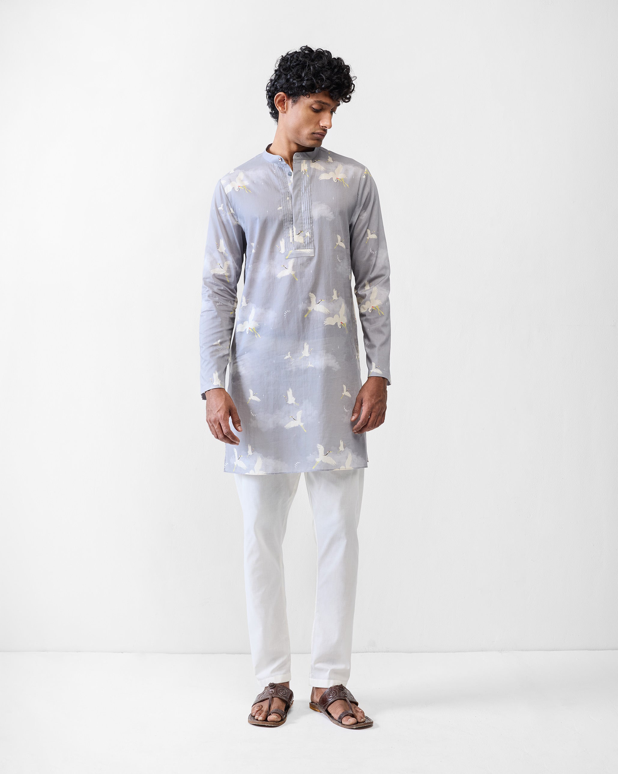 Front Pleat Kurta - Light Grey Printed
