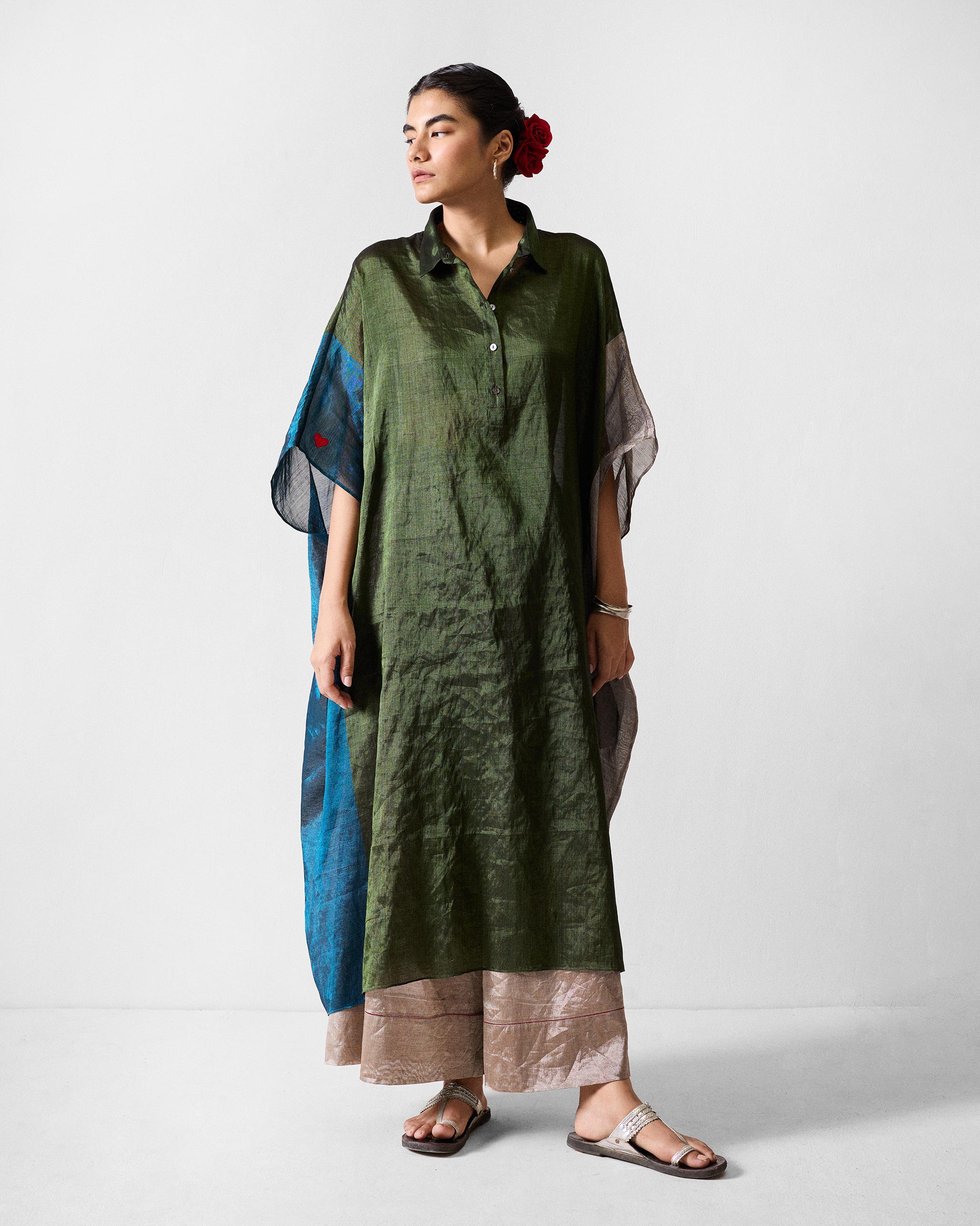 Collared Kaftan - Green & Silver