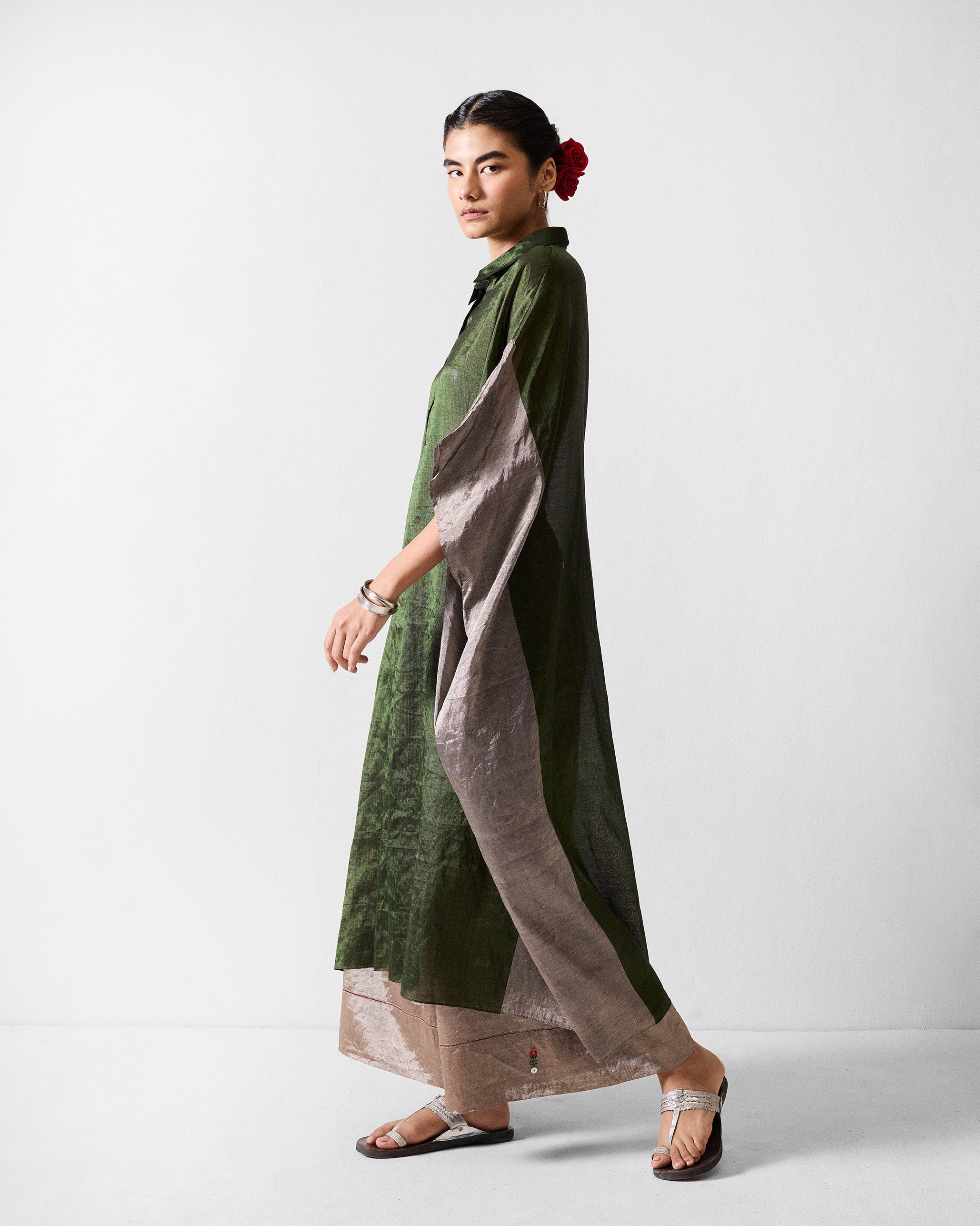Collared Kaftan - Green & Silver