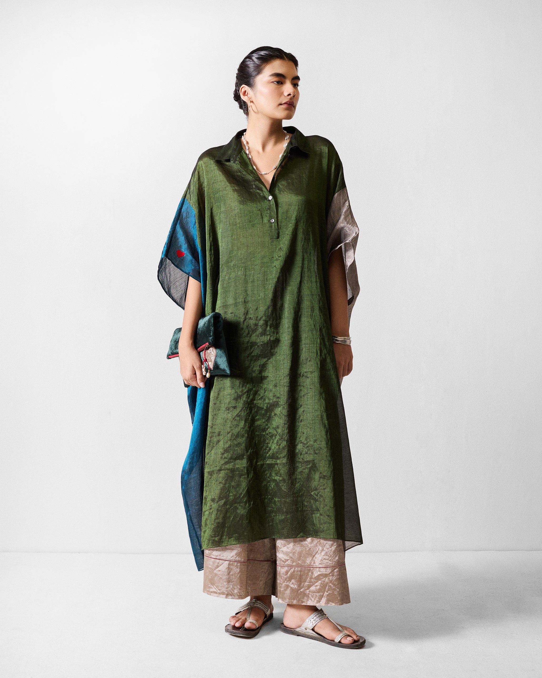 Collared Kaftan - Green & Silver