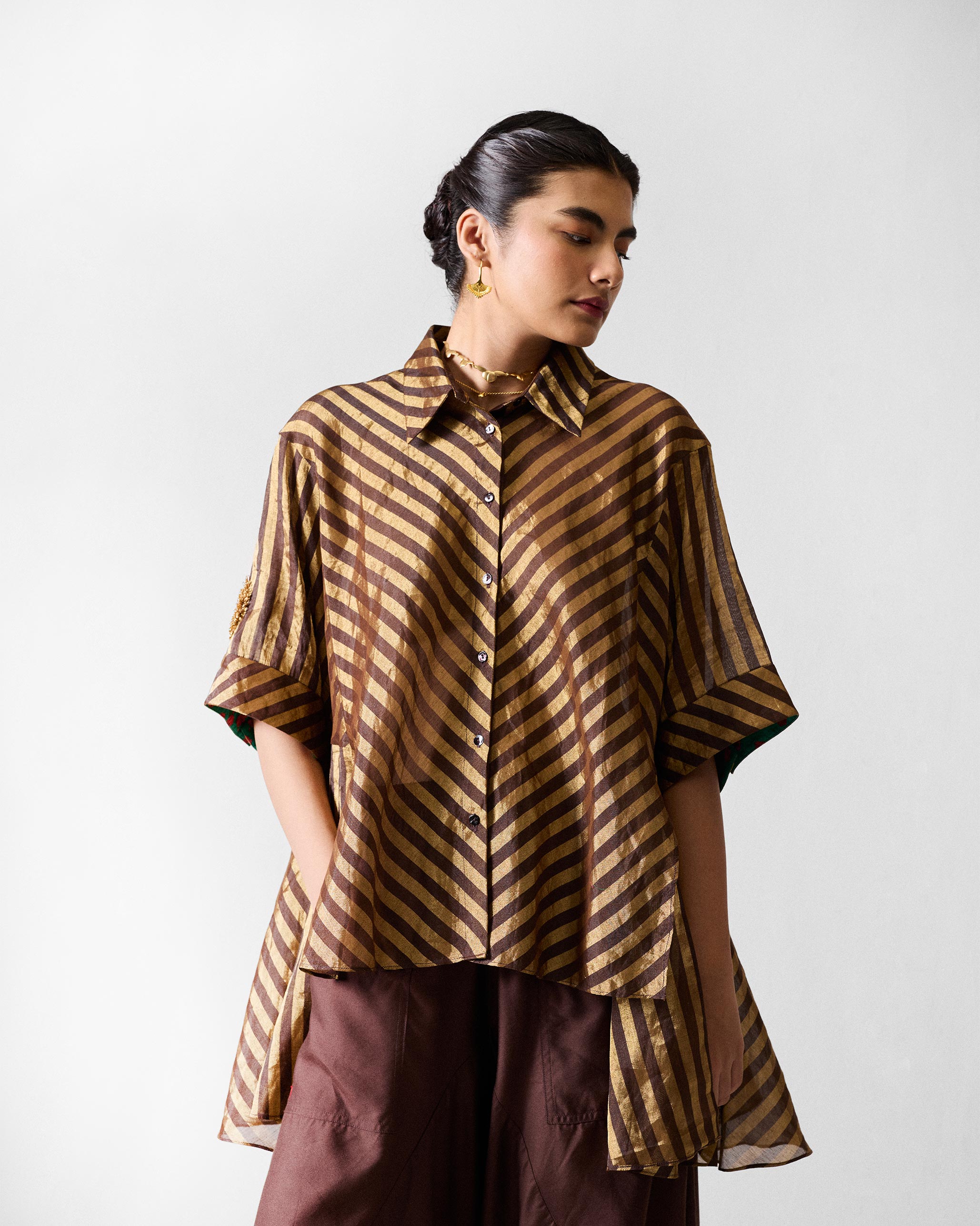 Ceylon Shirt - Chocolate Brown & Gold Stripes