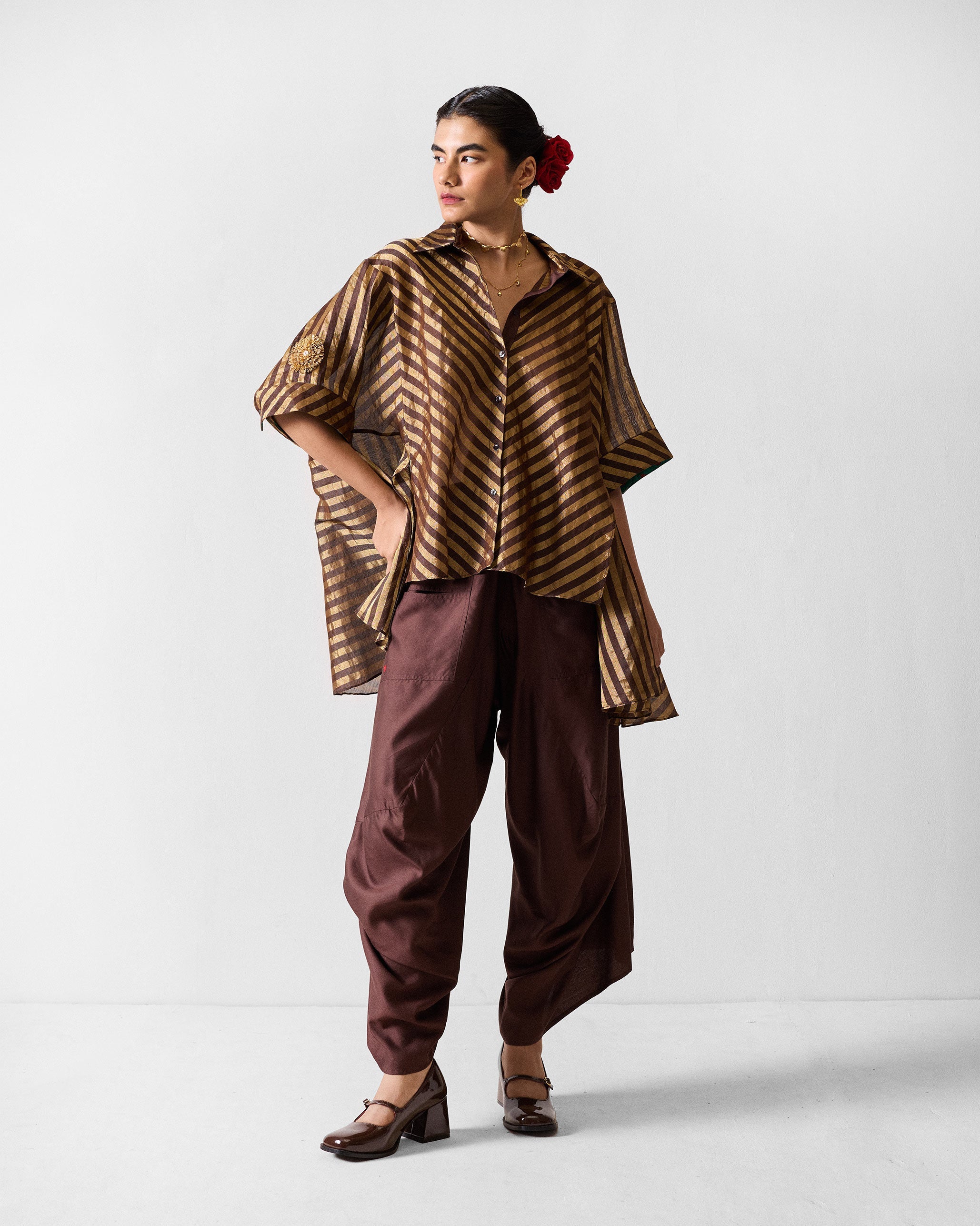 Ceylon Shirt - Chocolate Brown & Gold Stripes