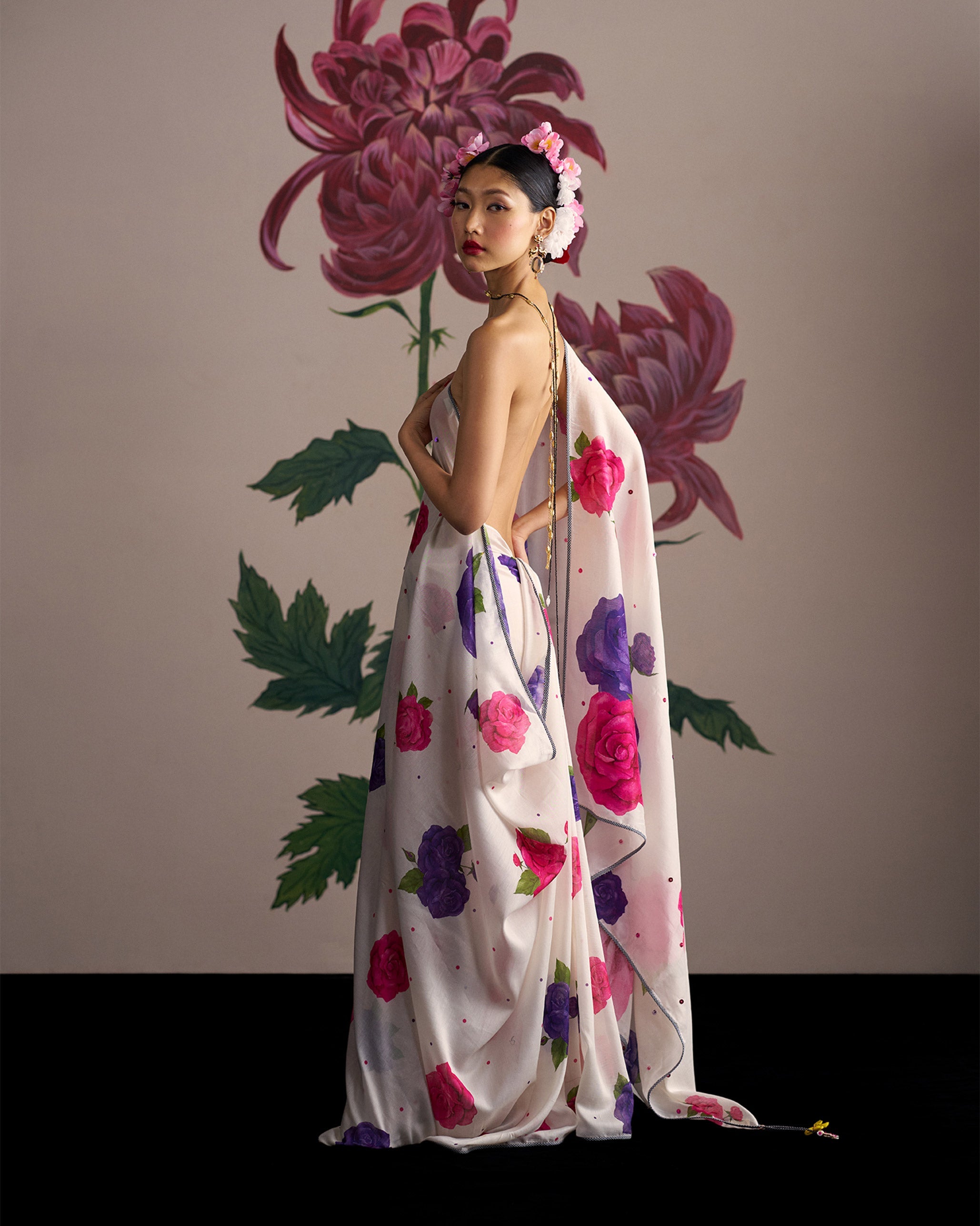 Gul Sari - Ivory & Fuchsia Printed