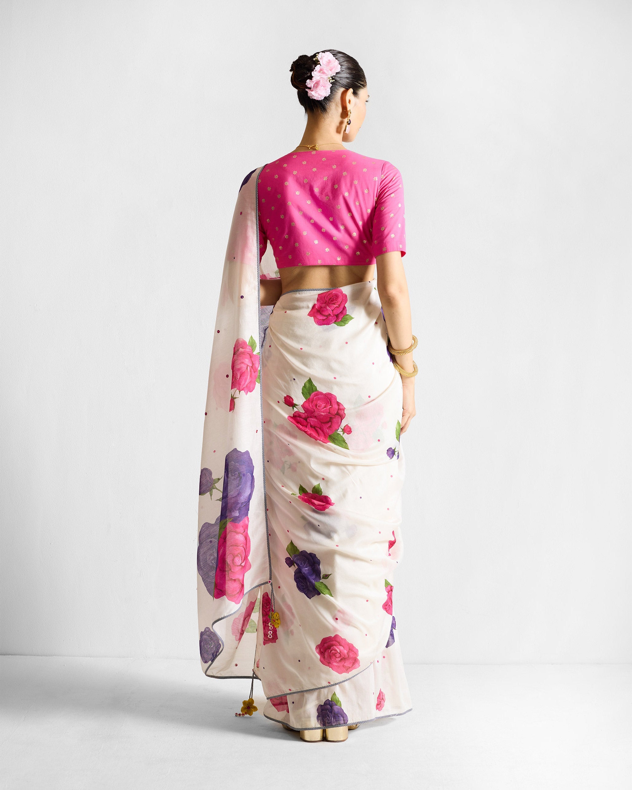 Gul Sari - Ivory & Fuchsia Printed