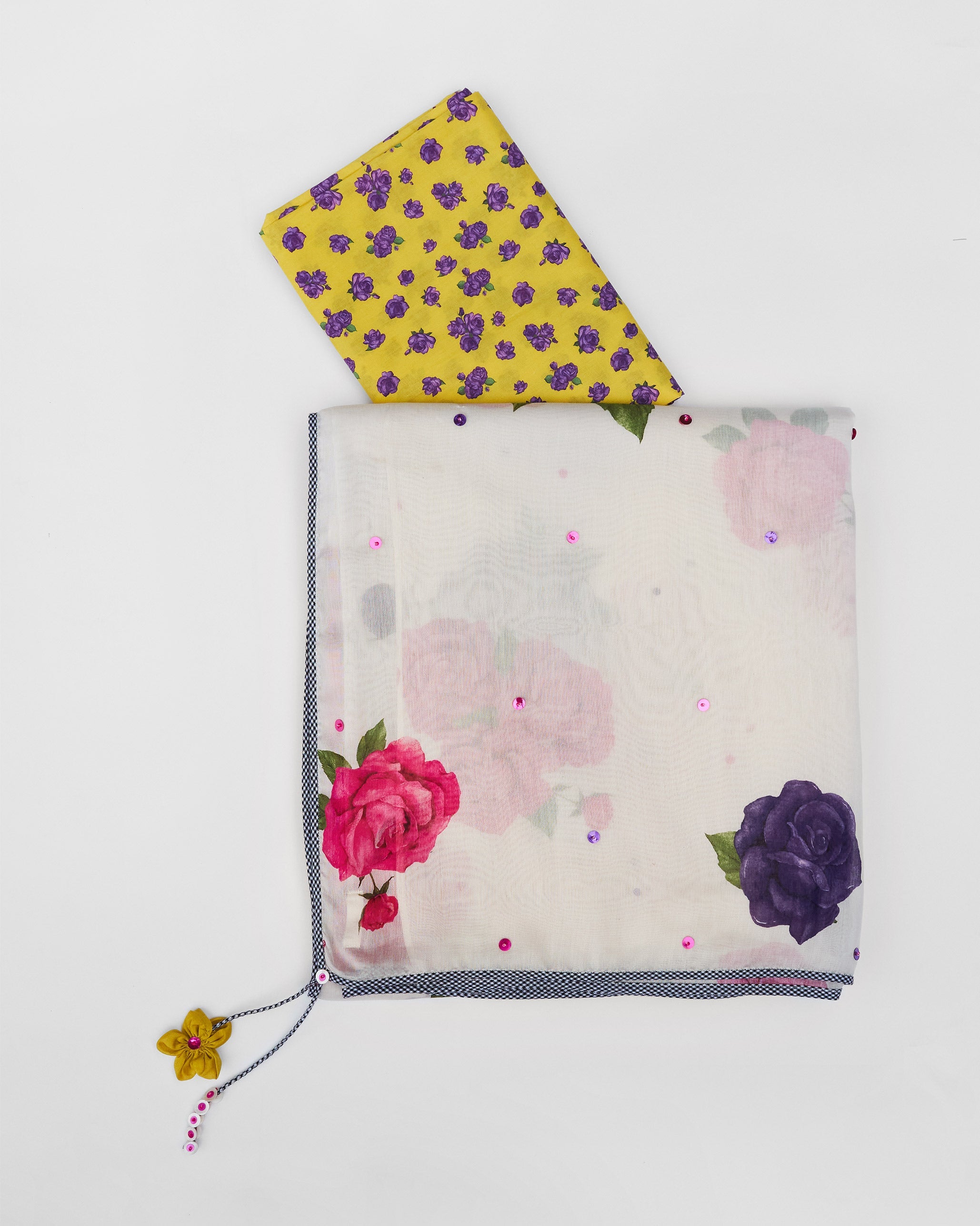 Gul Sari - Ivory & Fuchsia Printed