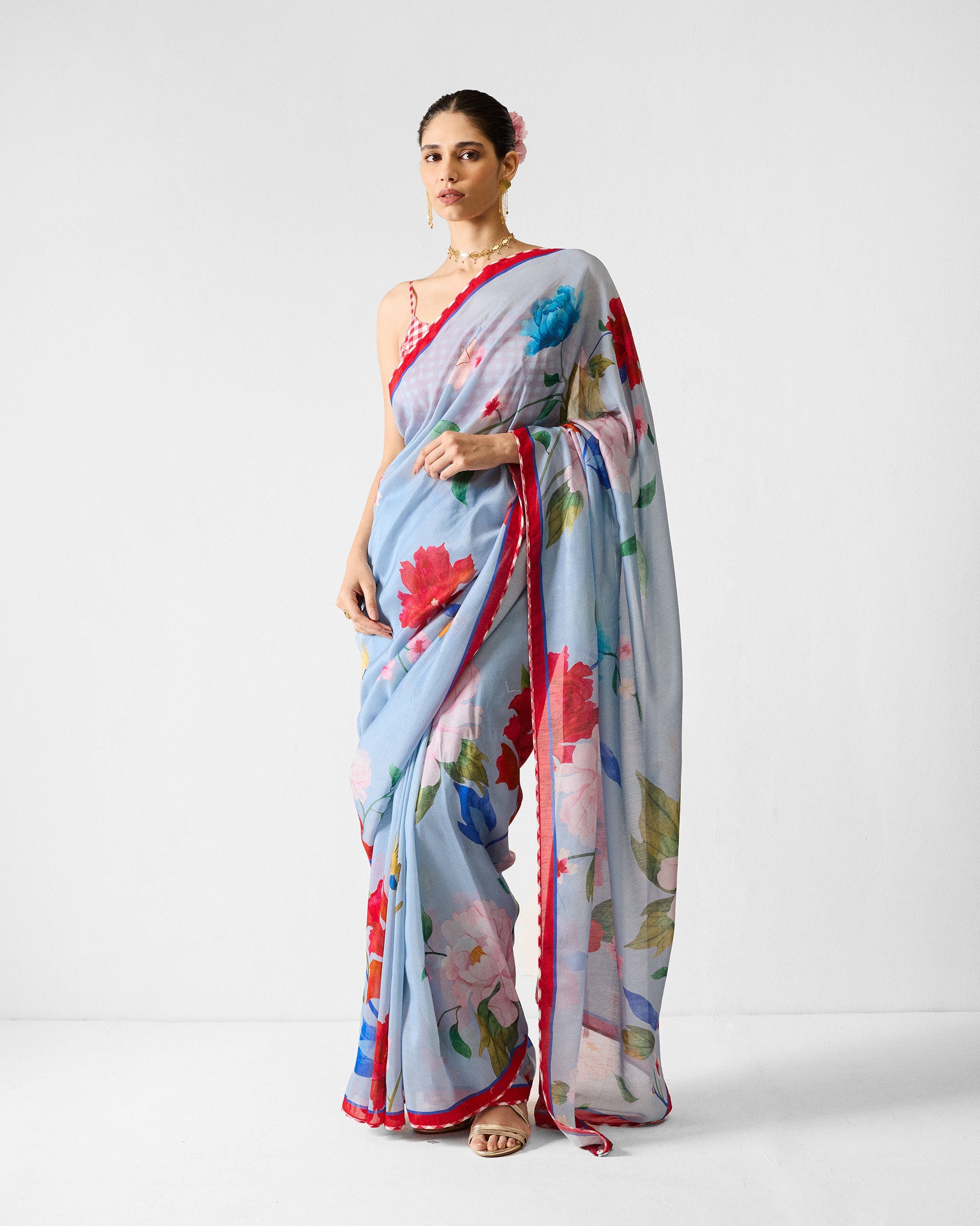 Roop Sari - Blue & Red Printed