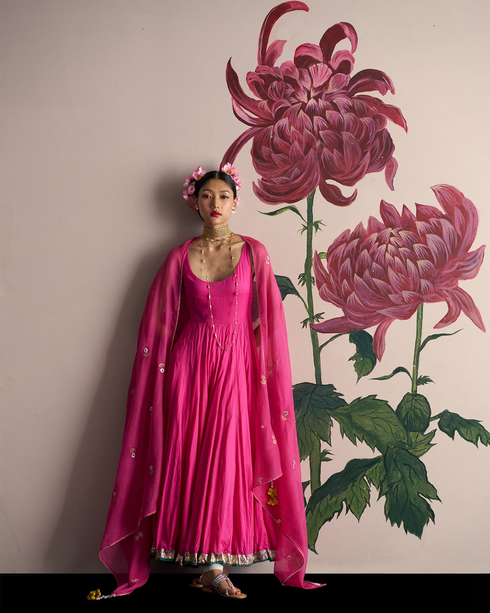 Gul Dupatta - Fuchsia & Gold Embroidered