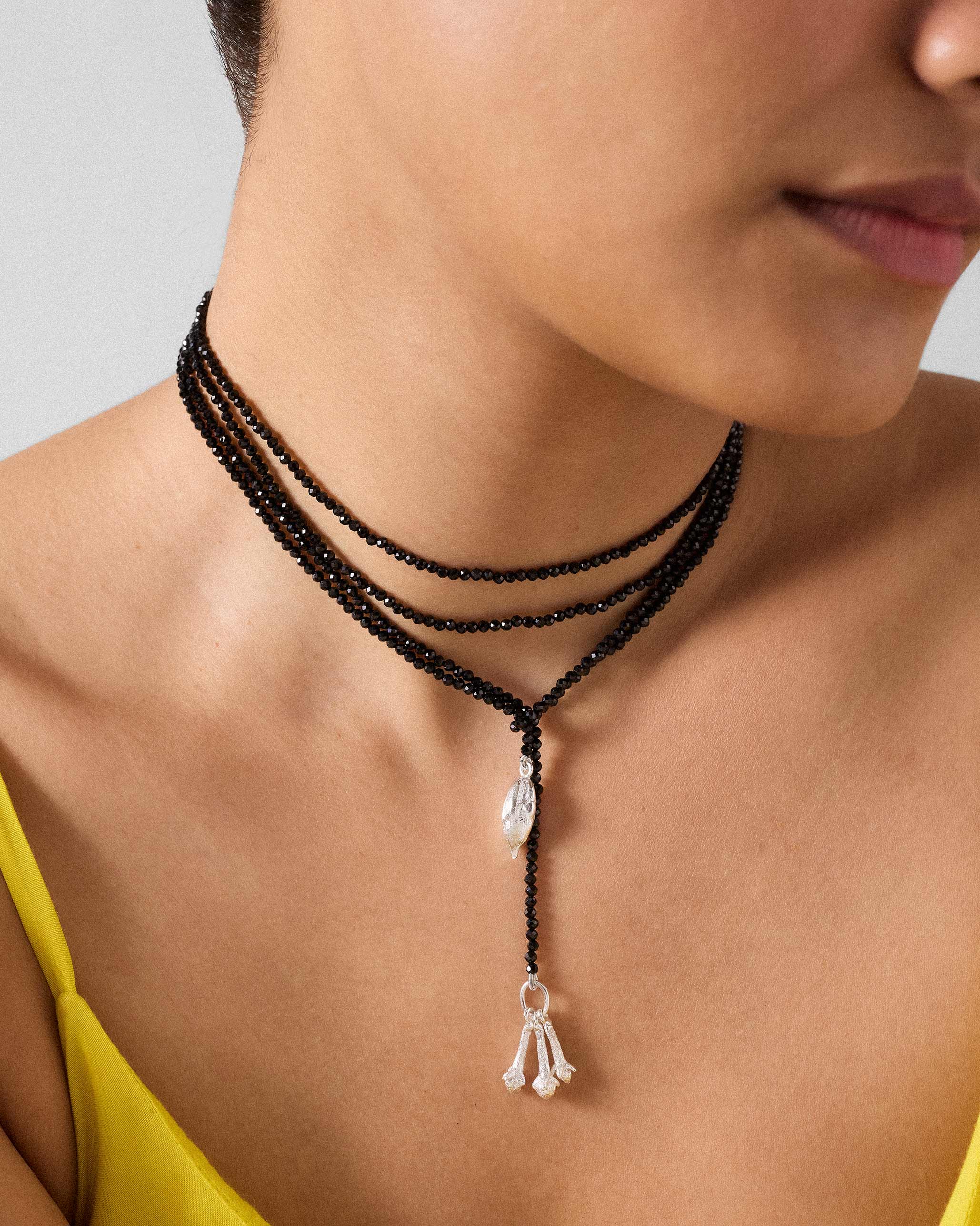 Long Black Necklace - Silver & Black