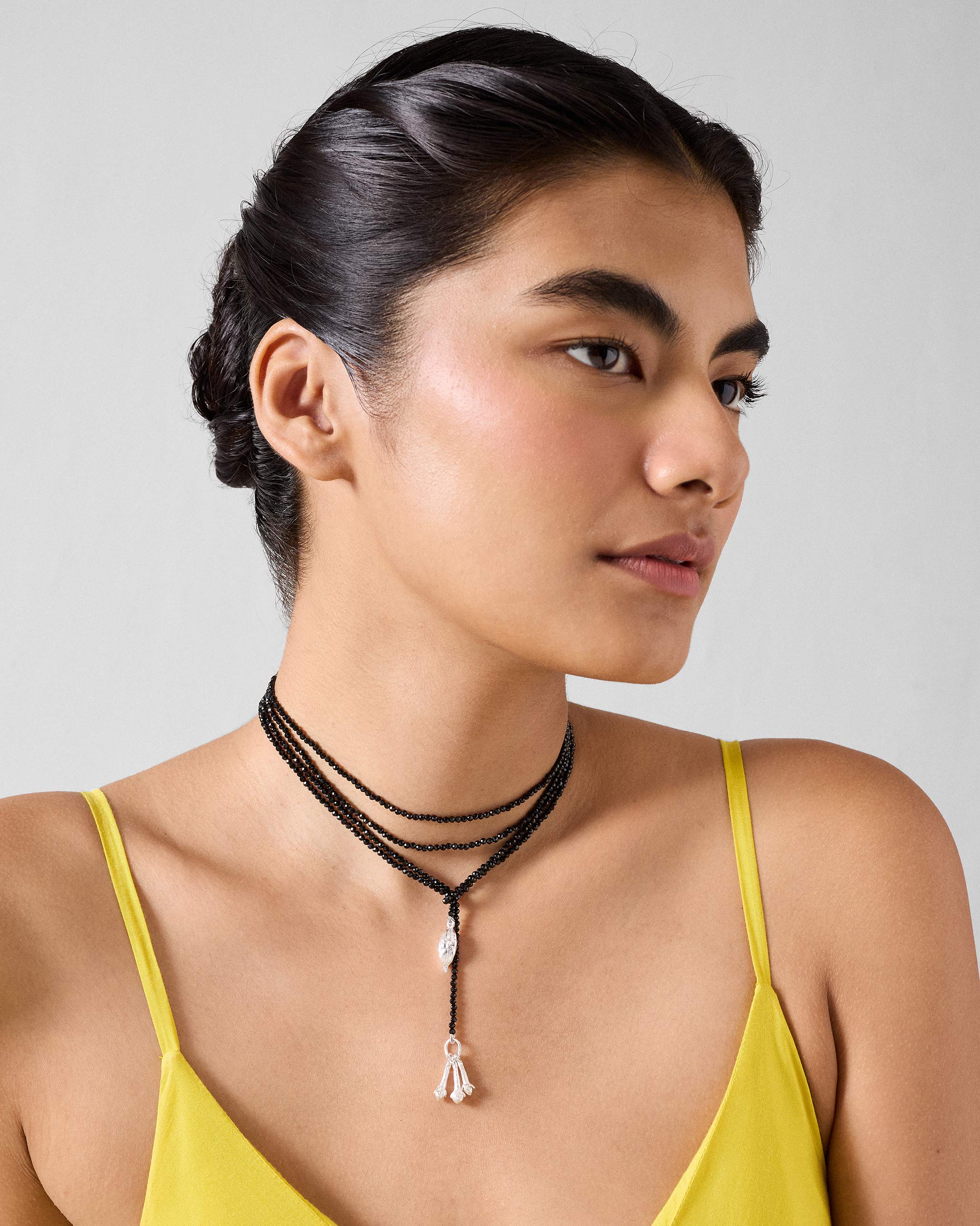 Long Black Necklace - Silver & Black