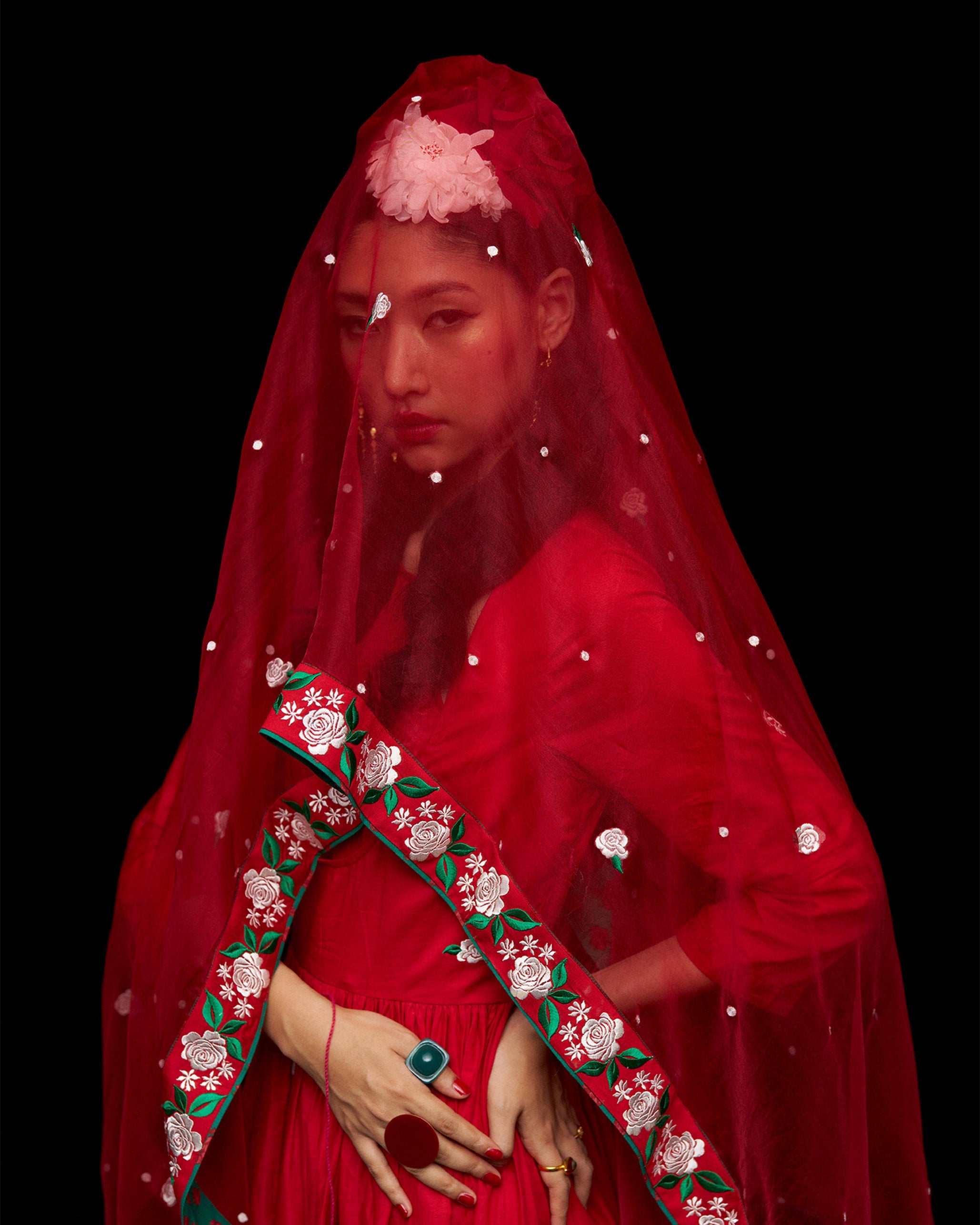 Ira Dupatta - Red & Ivory Embroidered