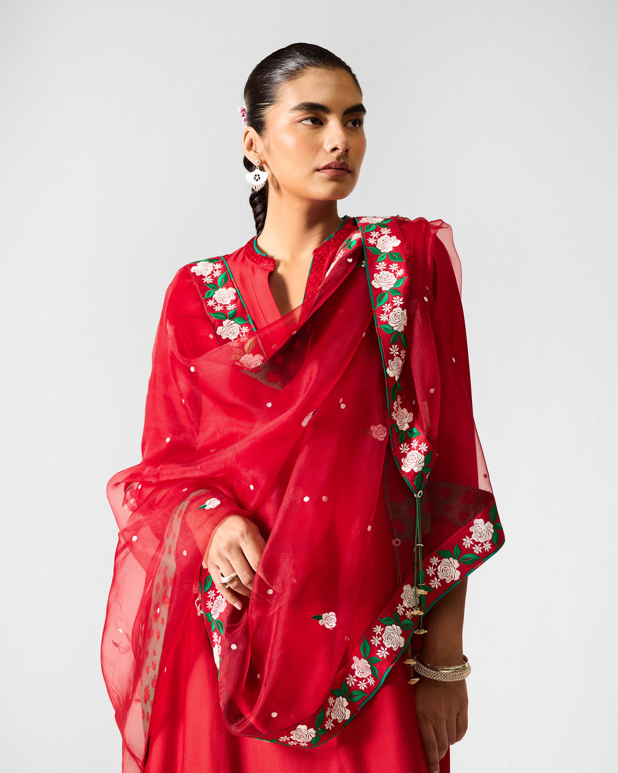 Ira Dupatta - Red & Ivory Embroidered