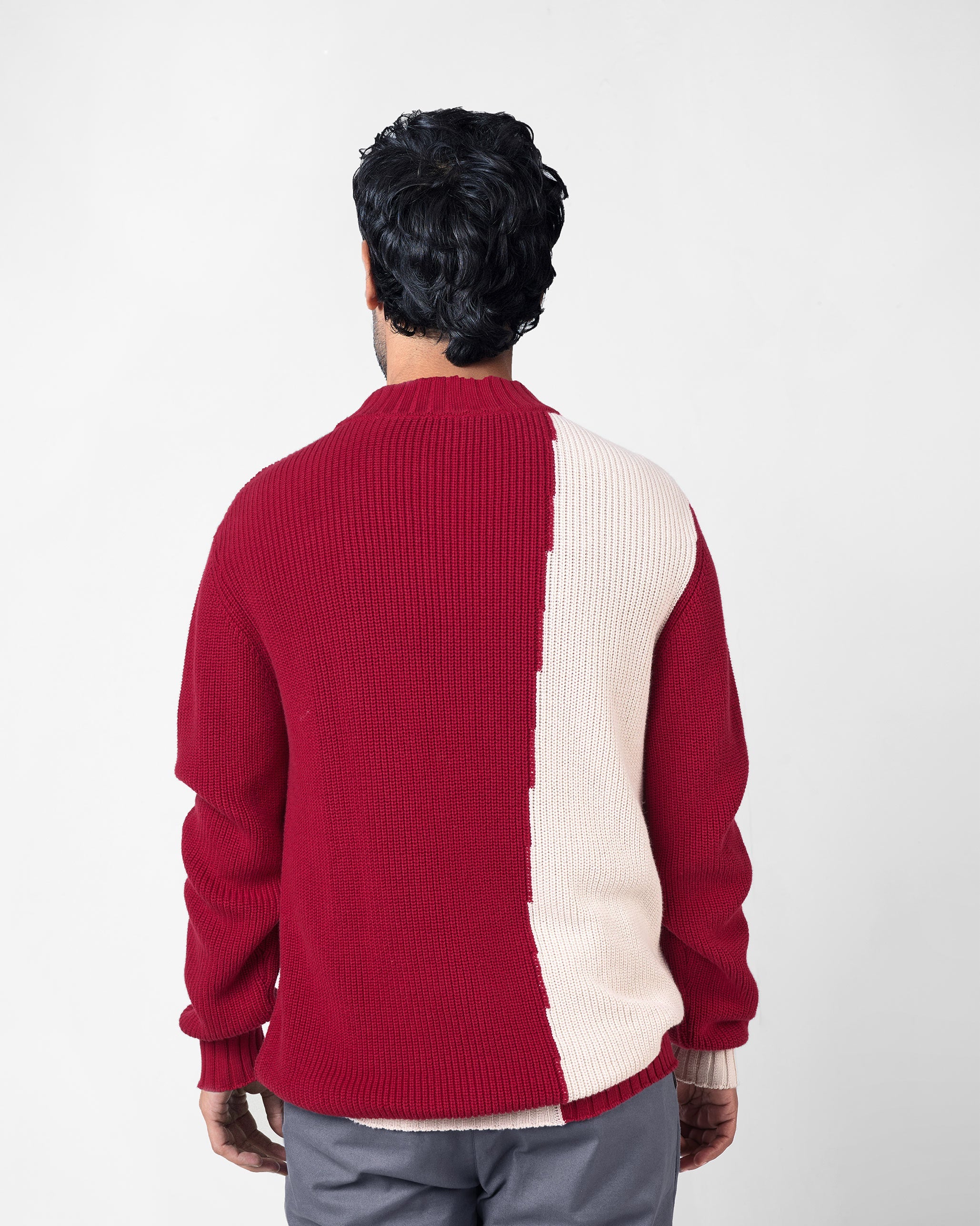 Crew Neck Sweater - Ivory & Red