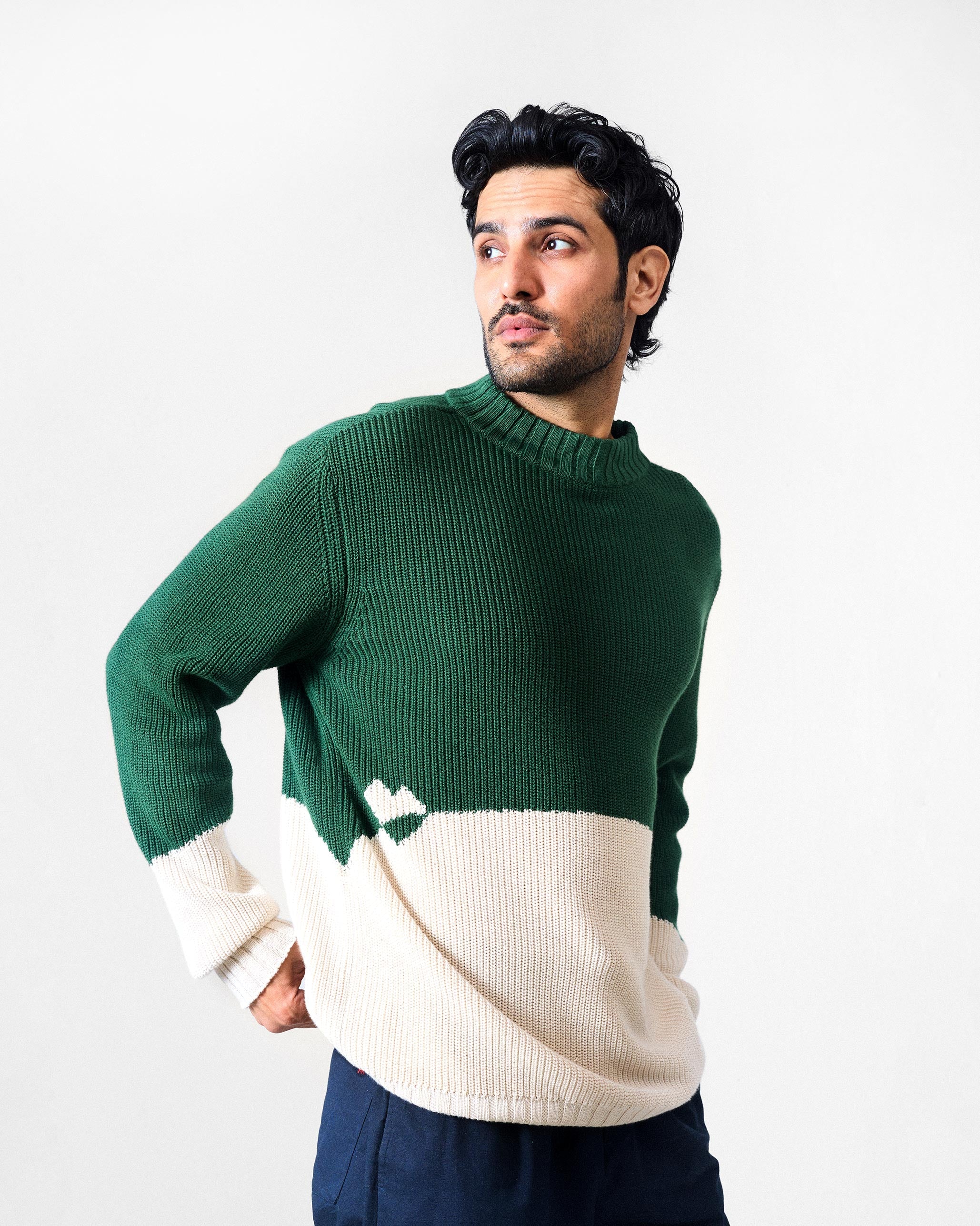 Crew Neck Sweater - Green & Ivory