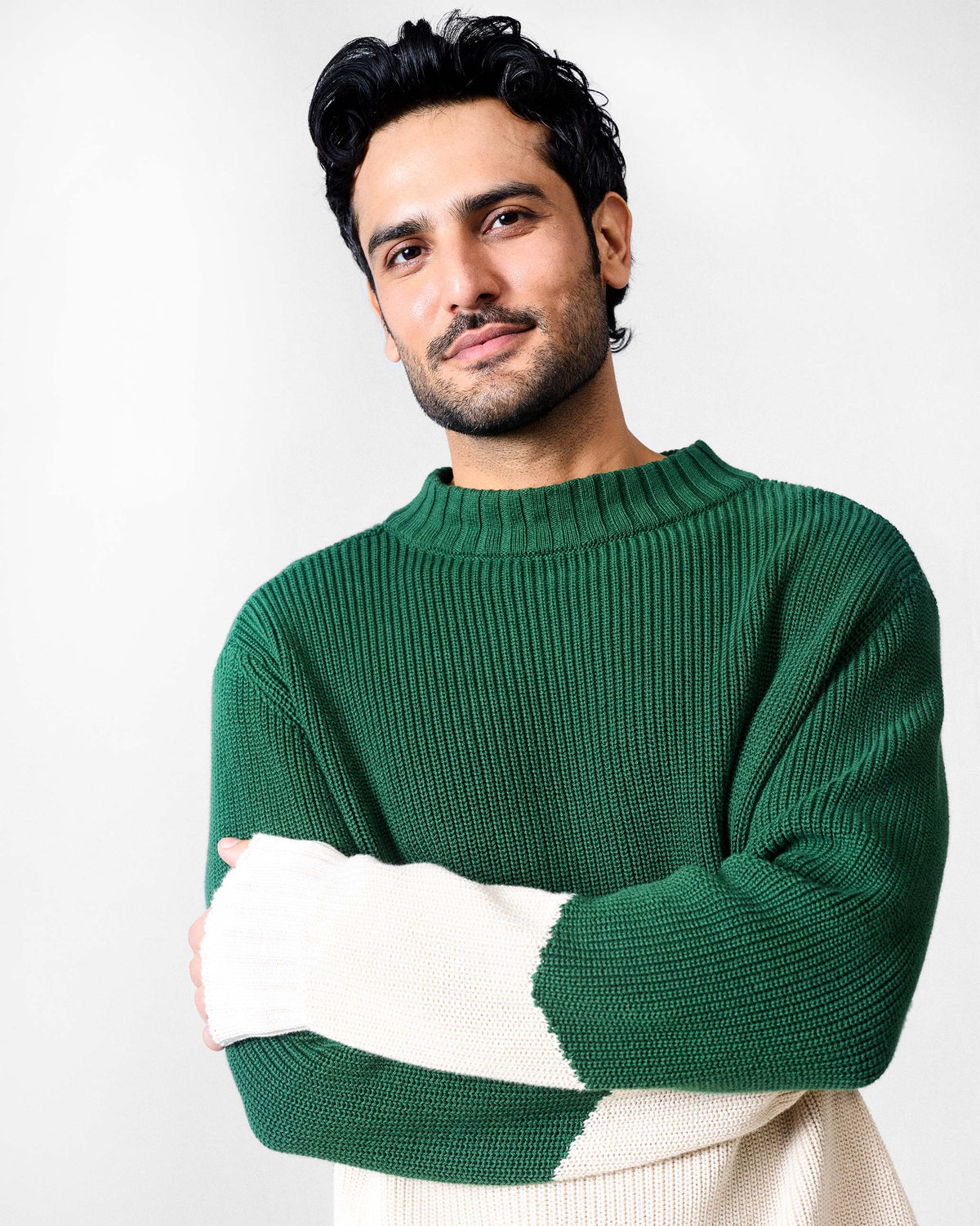 Crew Neck Sweater - Green & Ivory