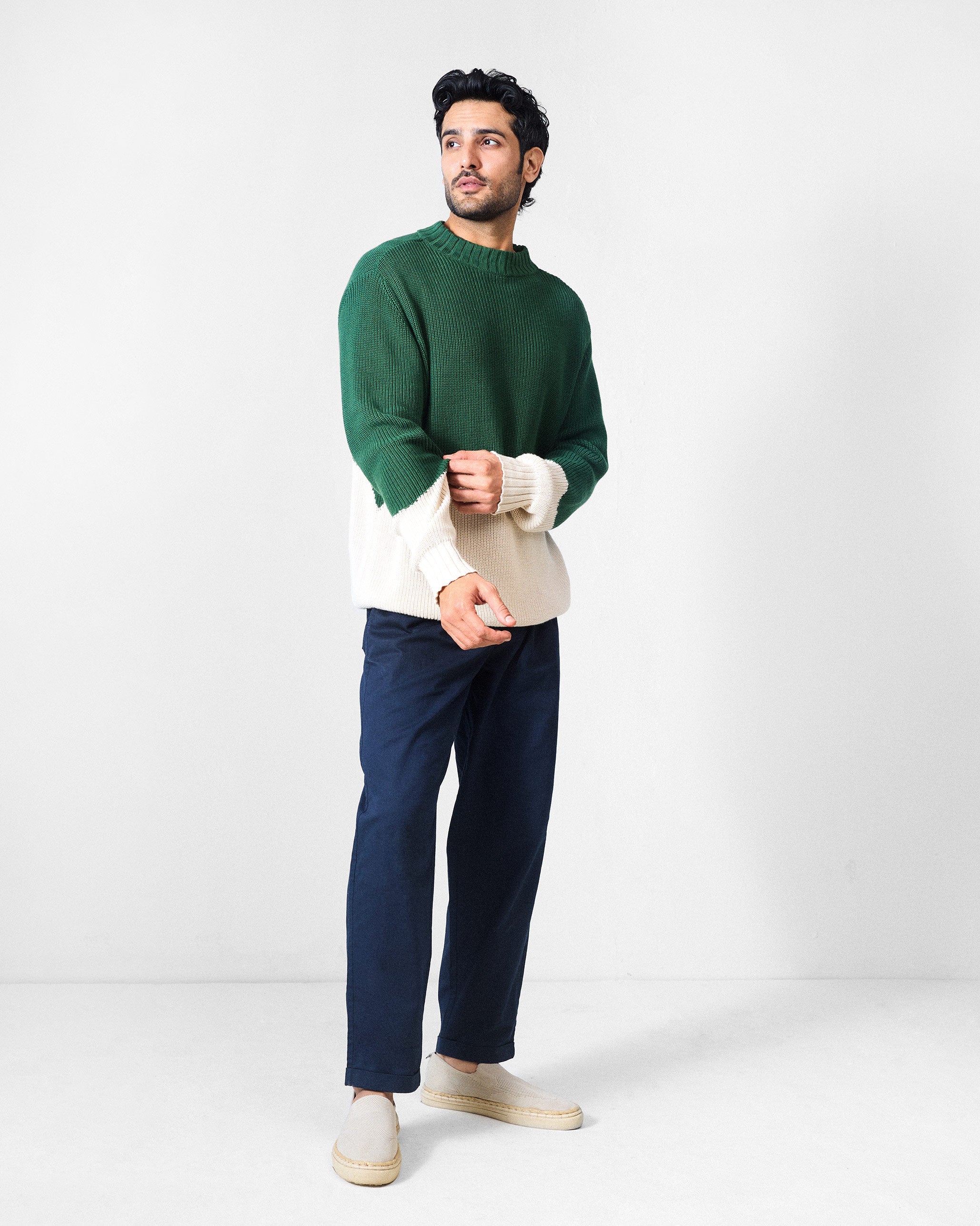 Crew Neck Sweater - Green & Ivory