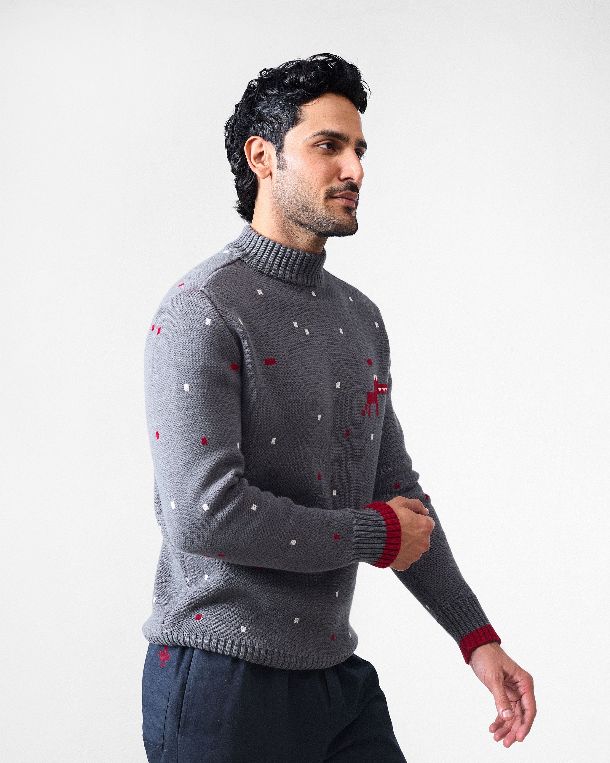 Crew Neck Sweater - Charcoal & Red