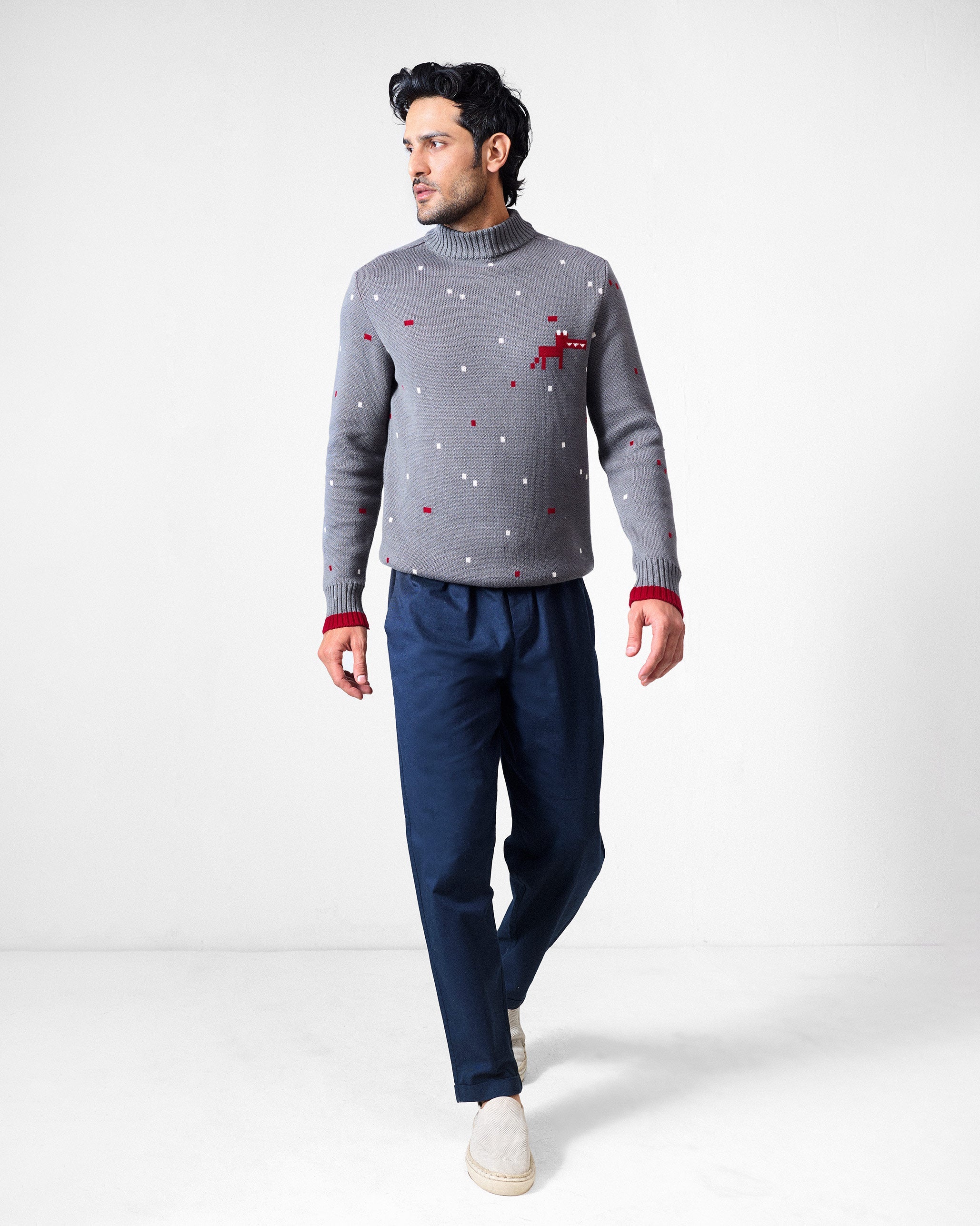 Crew Neck Sweater - Charcoal & Red