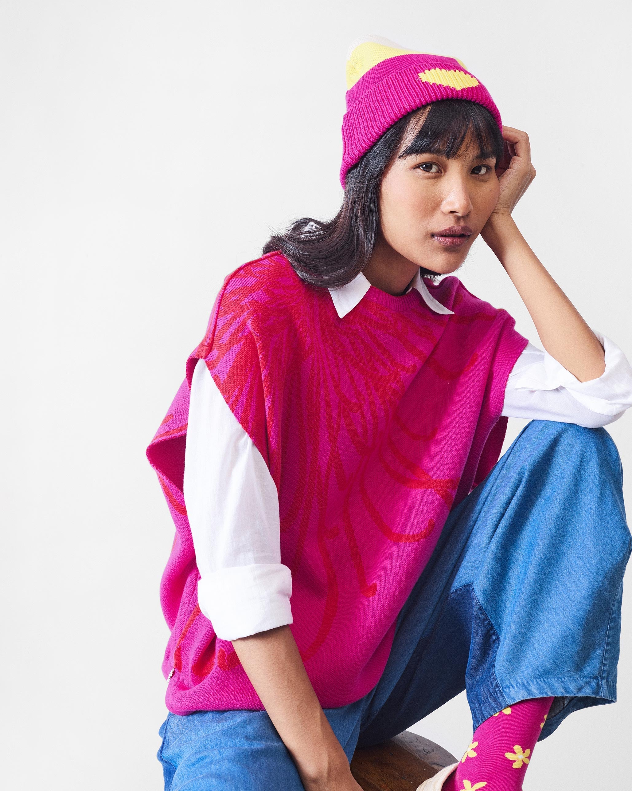 Heartpop Beanie - Fuchsia , Chartreuse & Oatmeal