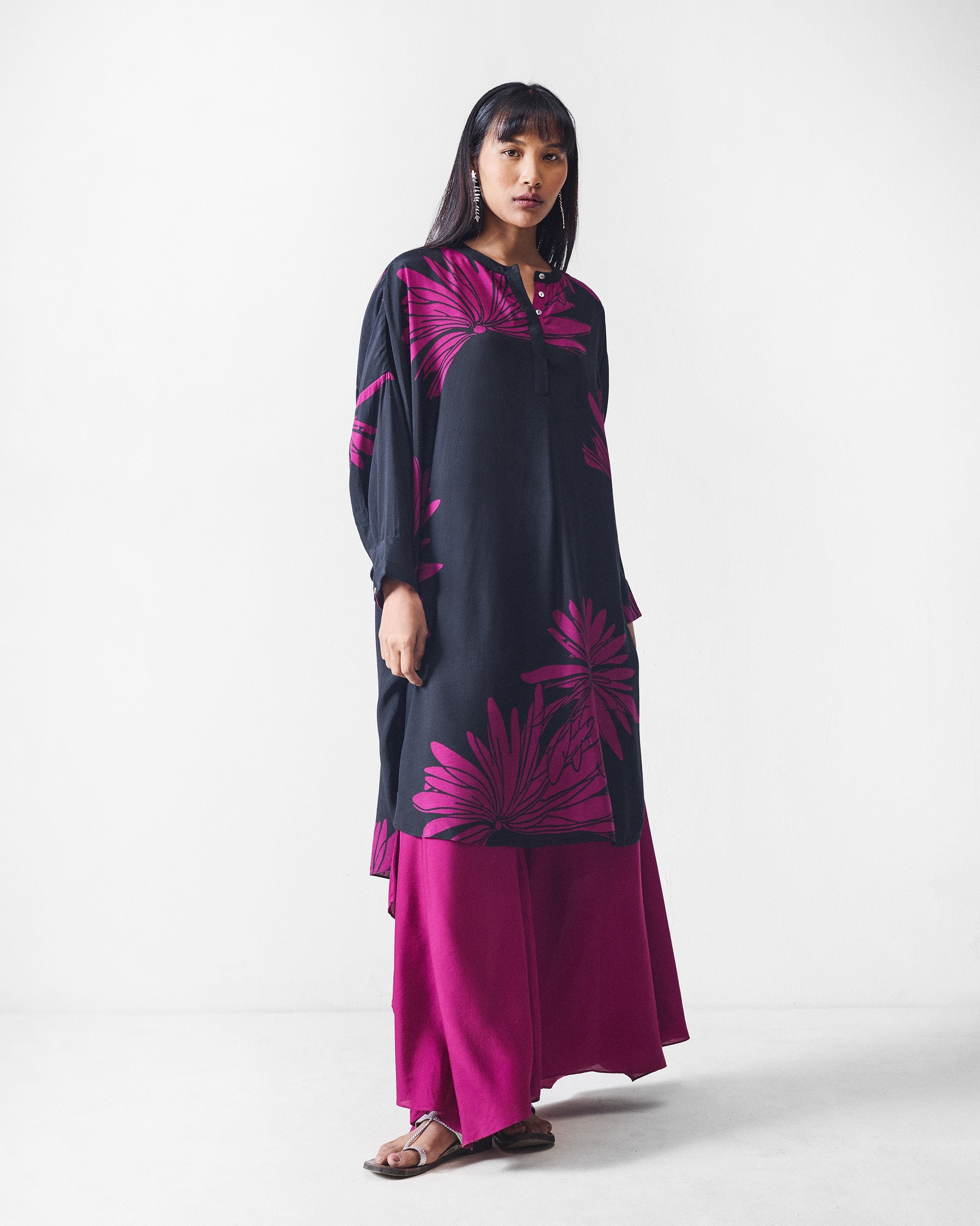 Lazy Sunday Tunic - Black & Mulberry Printed