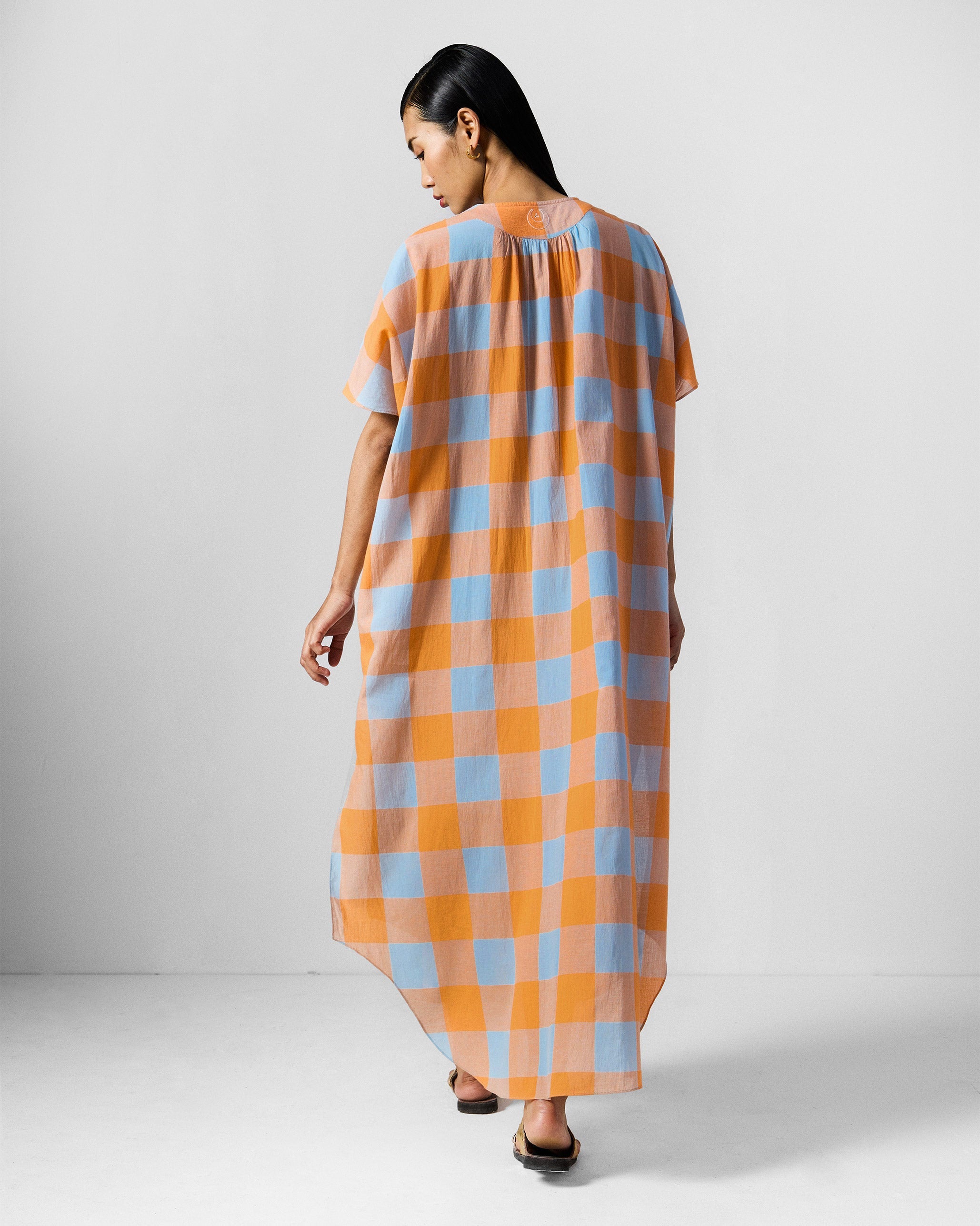 Vaya Kaftan - Orange & Ice Blue Checks