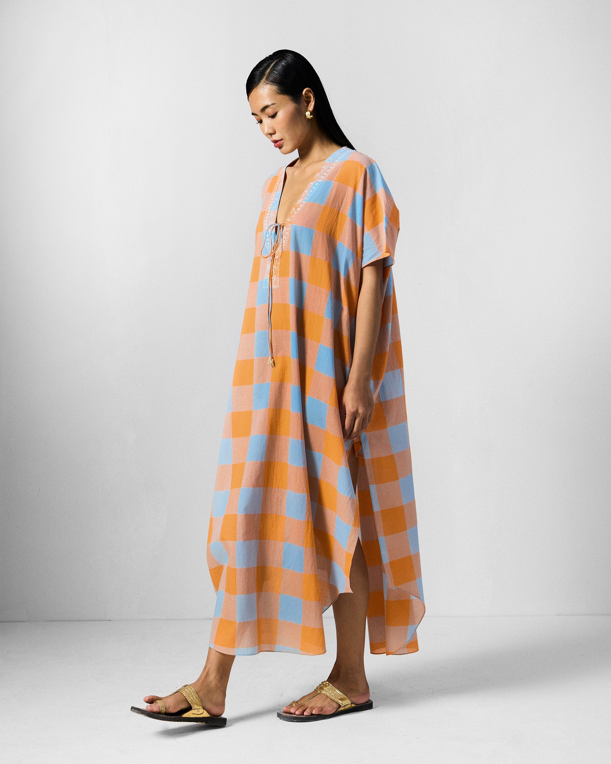 Vaya Kaftan - Orange & Ice Blue Checks