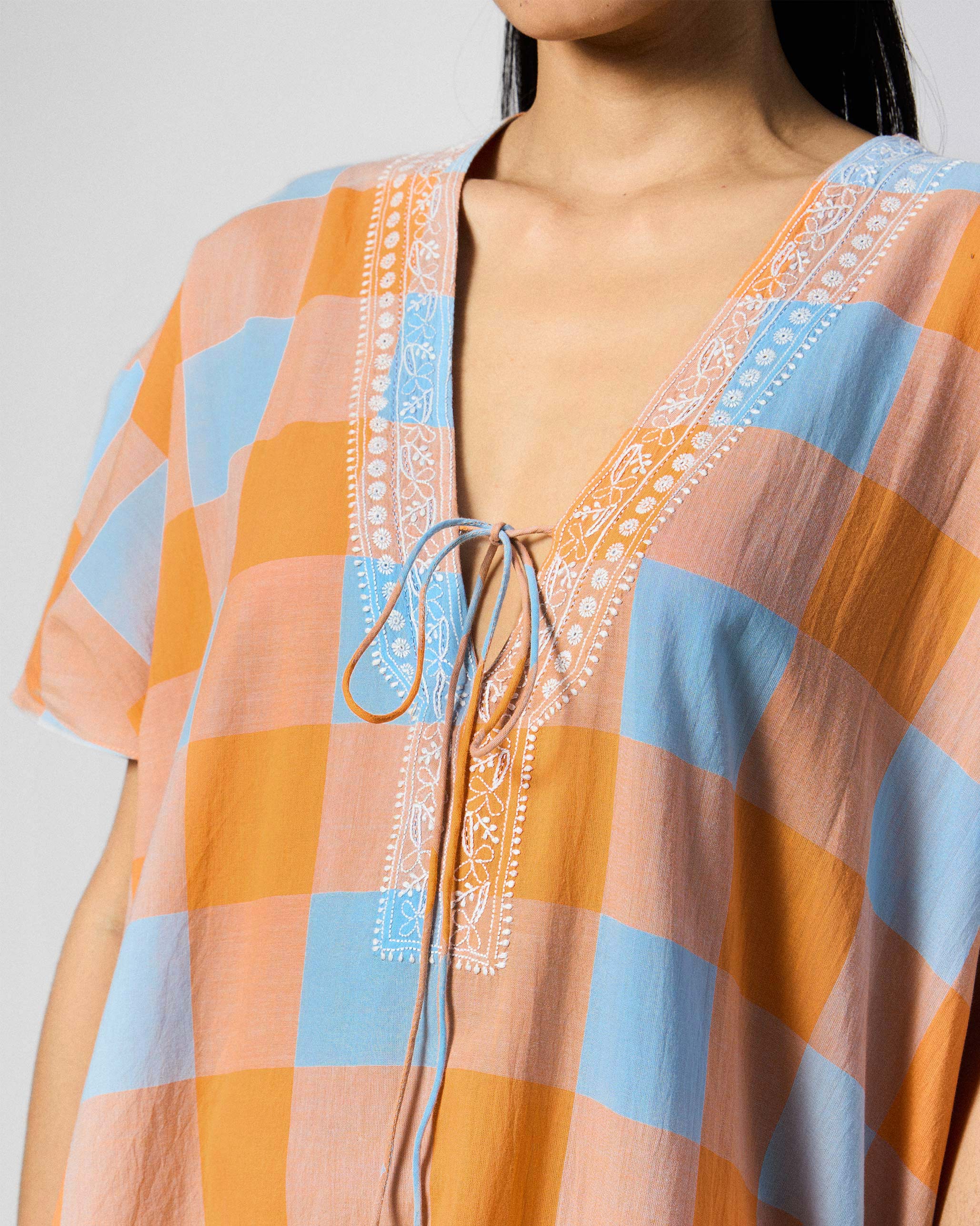 Vaya Kaftan - Orange & Ice Blue Checks