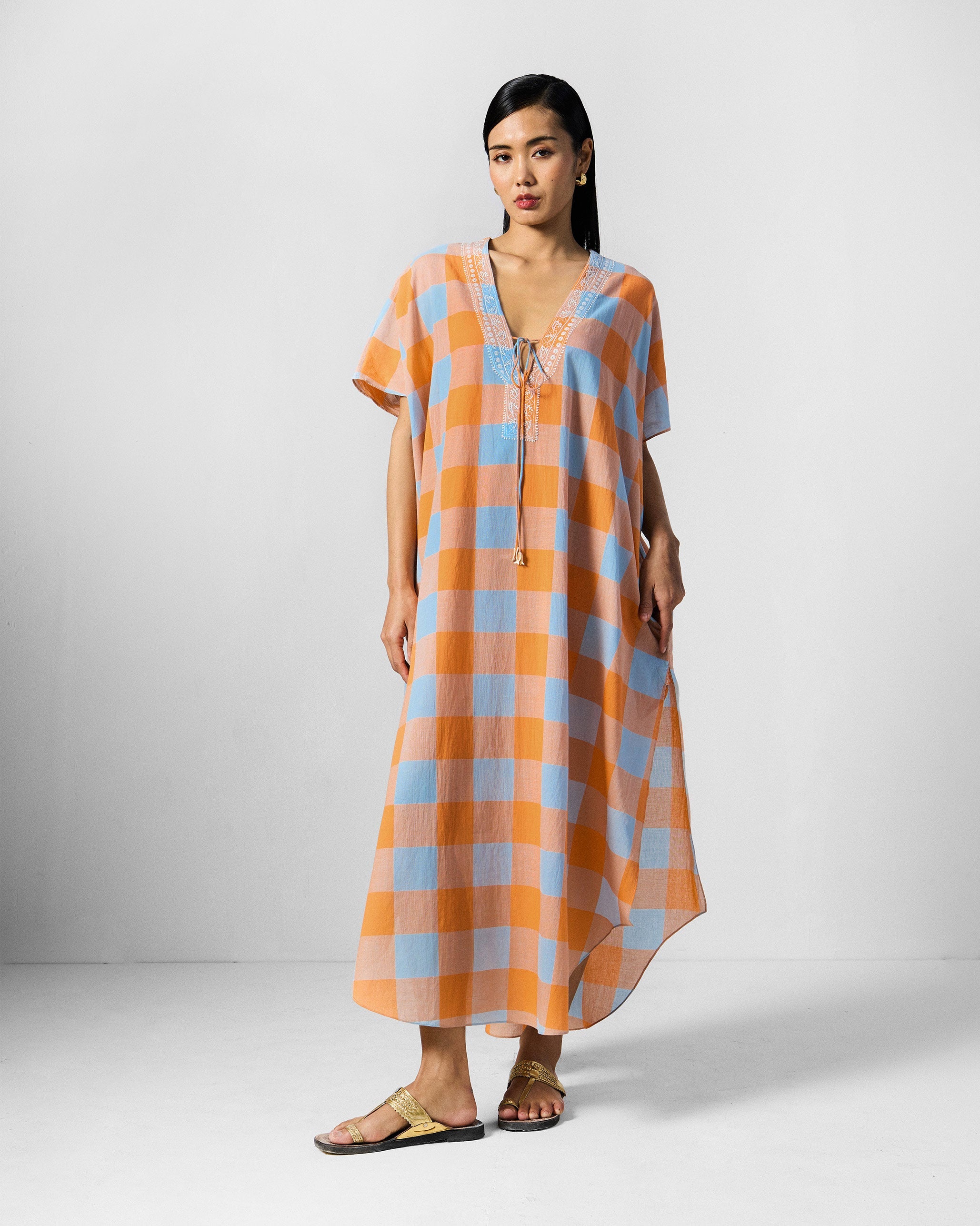 Vaya Kaftan - Orange & Ice Blue Checks