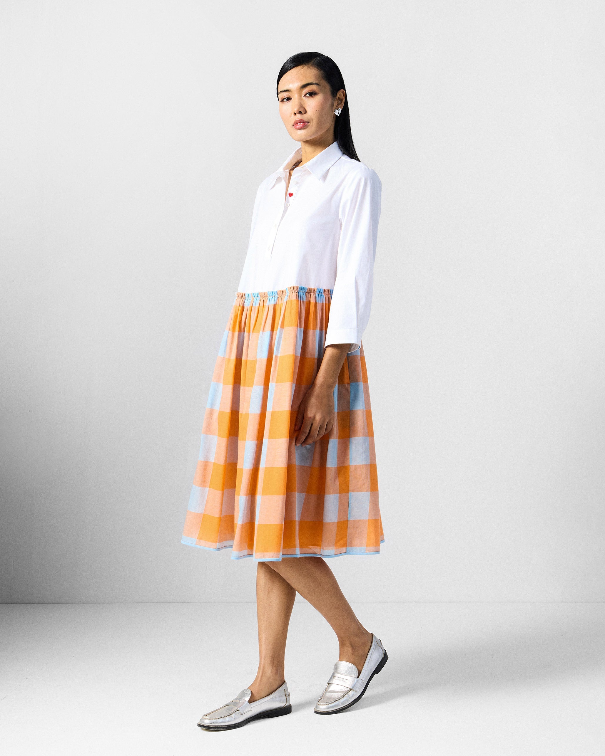 Kavi Dress - White & Orange Checks