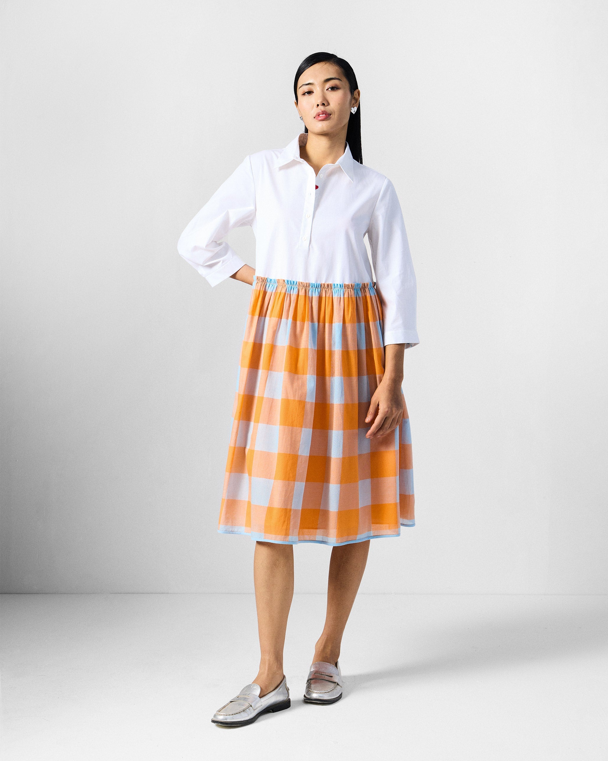 Kavi Dress - White & Orange Checks