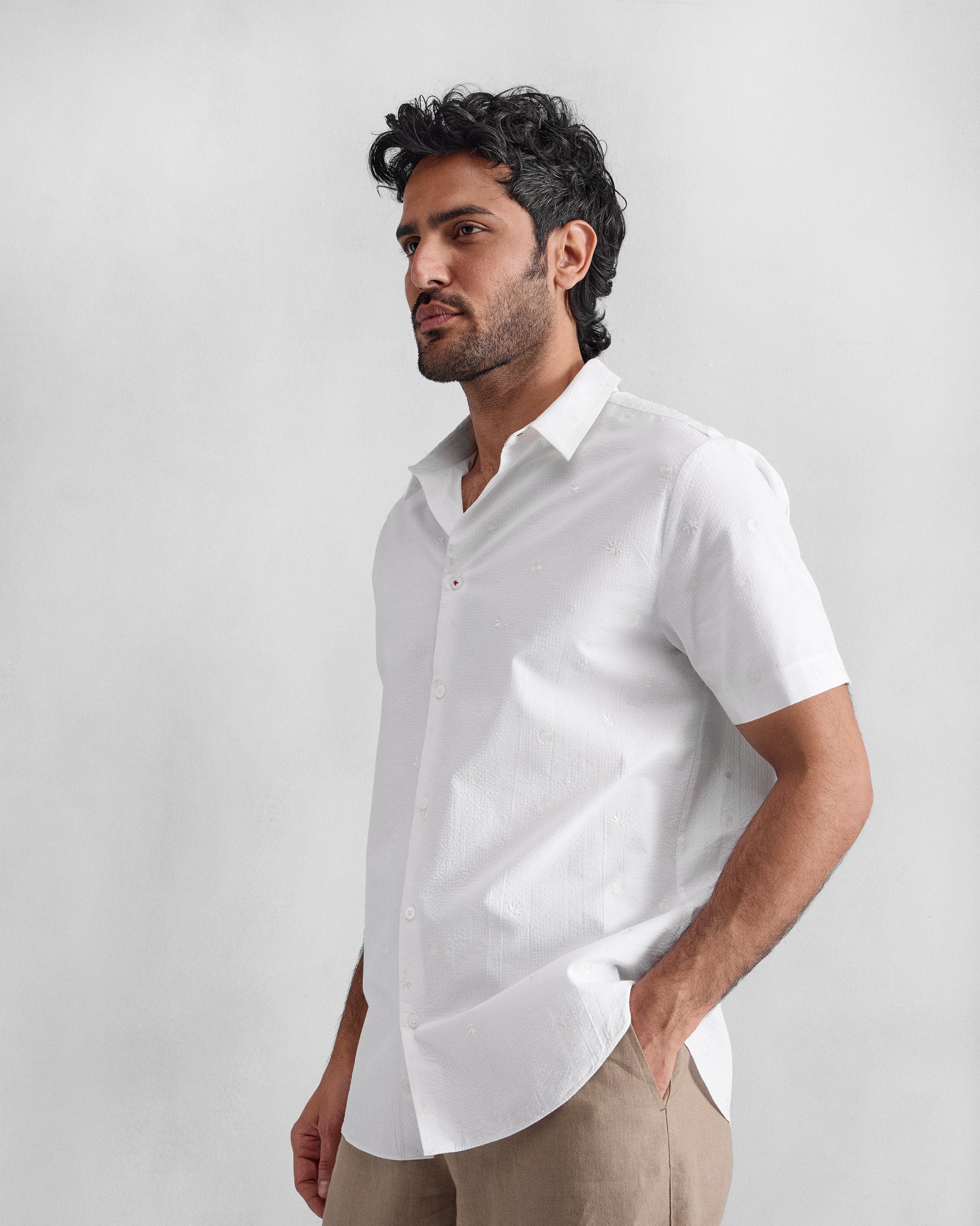 Half Sleeve Shirt - White Embroidered