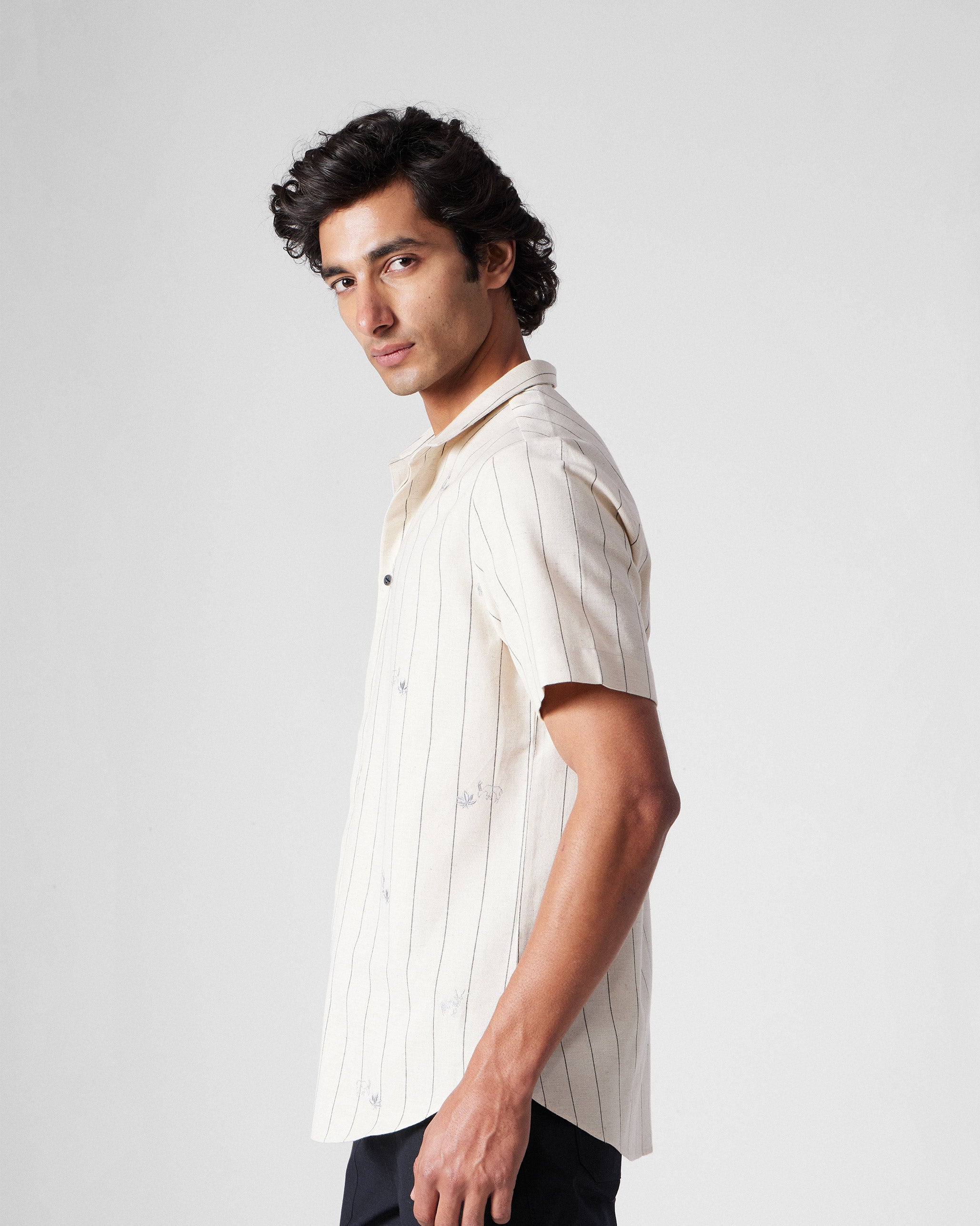 Riverine Shirt - Ivory & Charcoal Embroidered
